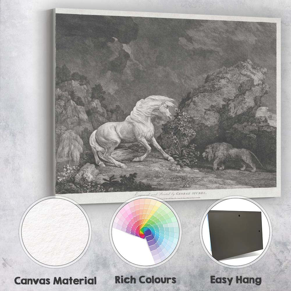 Rearing White Horse Confronting Lion Dramatic Antique Engraving Canvas Wall Art Print Decor Picture Ready to Hang