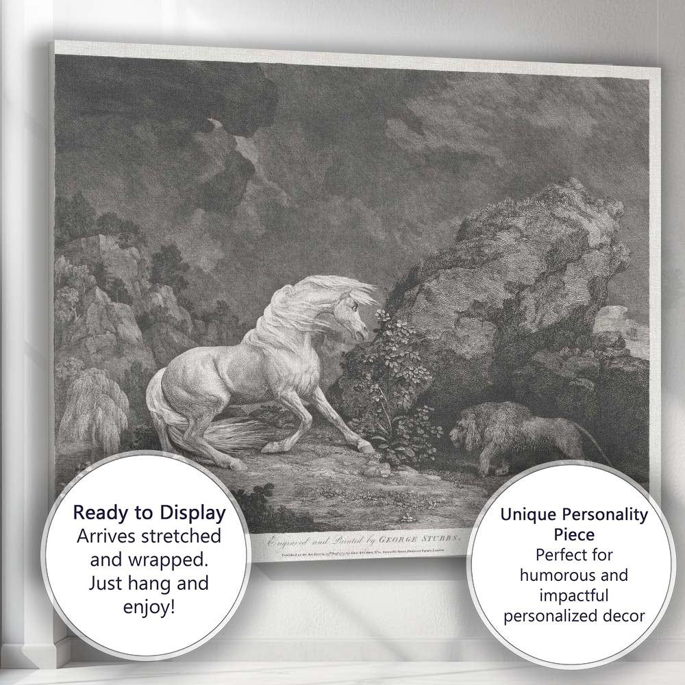 Rearing White Horse Confronting Lion Dramatic Antique Engraving Canvas Wall Art Print Decor Picture Ready to Hang