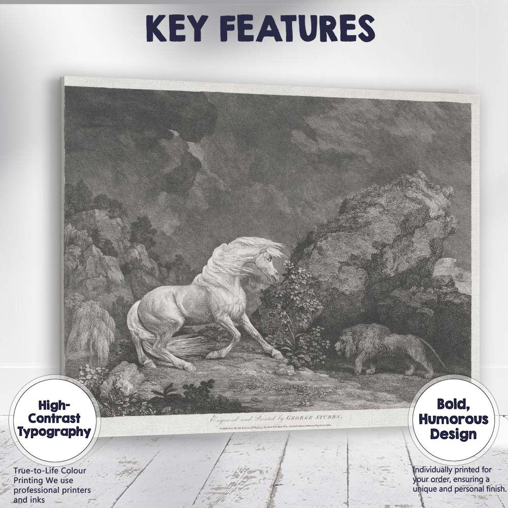 Rearing White Horse Confronting Lion Dramatic Antique Engraving Canvas Wall Art Print Decor Picture Ready to Hang