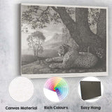 Resting Cheetah Beneath Ancient Tree Monochrome Wildlife Engraving Canvas Wall Art Print Decor Picture Ready to Hang