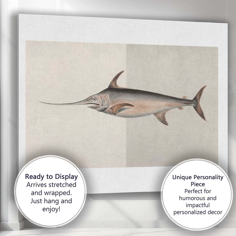 Antique Swordfish Marine Life Scientific Illustration Canvas Wall Art Print Decor Picture Ready to Hang