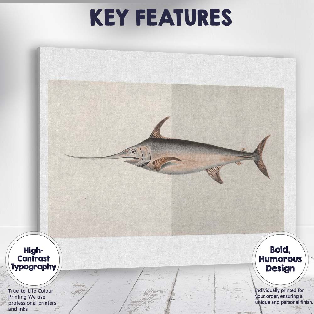 Antique Swordfish Marine Life Scientific Illustration Canvas Wall Art Print Decor Picture Ready to Hang