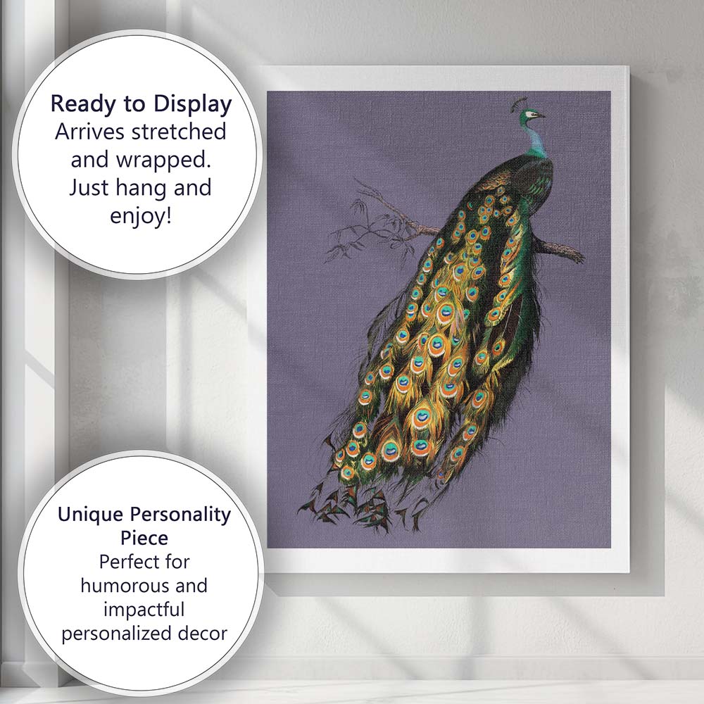 Majestic Peacock Bird Illustration On Soft Lavender Background Canvas Wall Art Print Decor Picture Ready to Hang