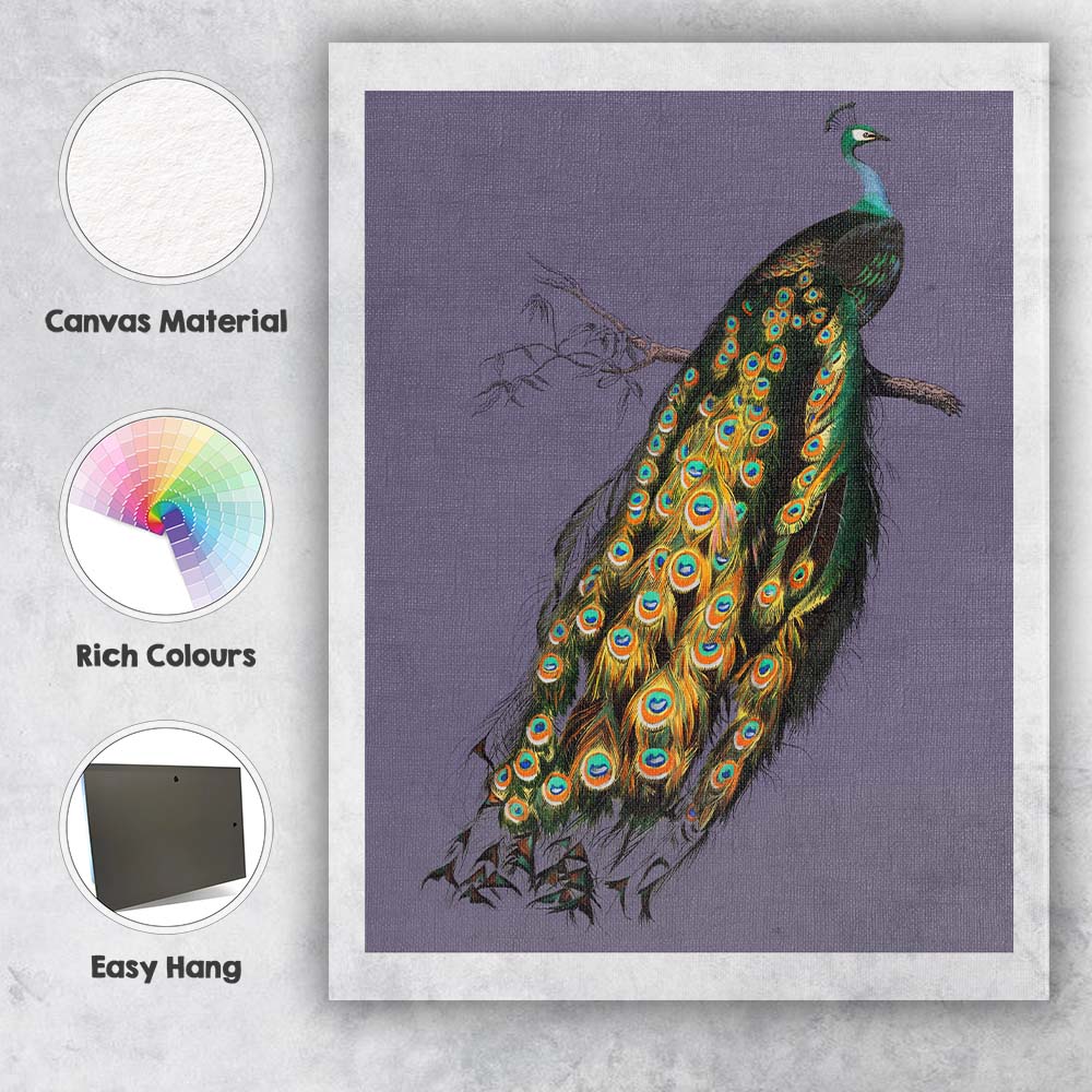 Majestic Peacock Bird Illustration On Soft Lavender Background Canvas Wall Art Print Decor Picture Ready to Hang