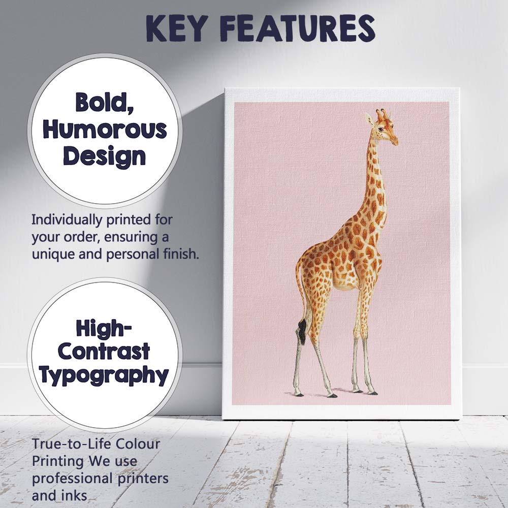 Elegant Giraffe Wildlife Portrait On Soft Blush Pink Background Canvas Wall Art Print Decor Picture Ready to Hang