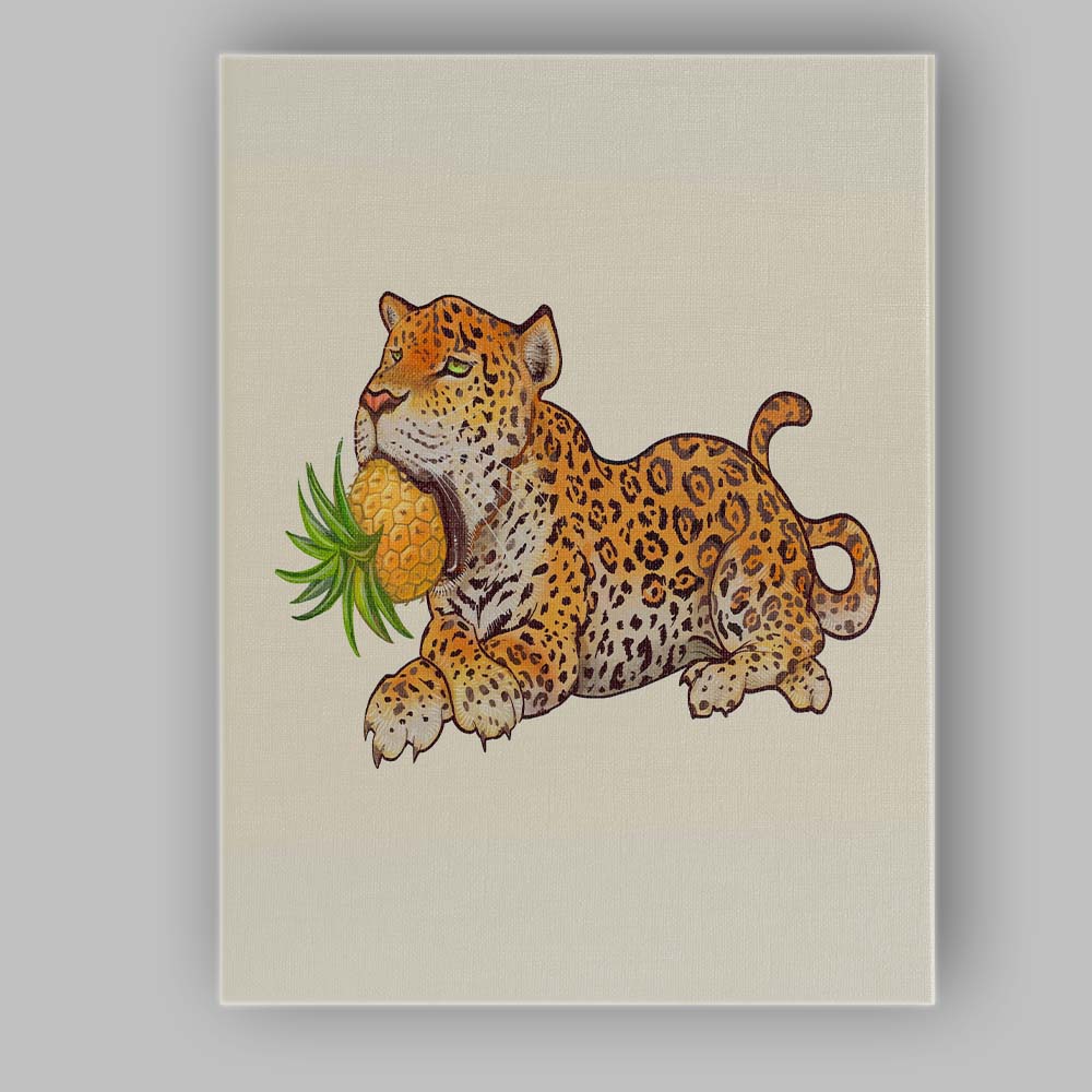 Playful Jaguar Holding Pineapple Contemporary Wildlife Artwork Canvas Wall Art Print Decor Picture Ready to Hang
