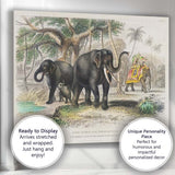 Antique Asiatic Elephant Family Tropical Landscape Natural History Illustration Canvas Wall Art Print Decor Picture Ready to Hang