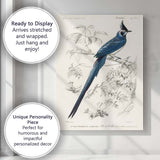 Elegant Blue Crested Tropical Bird Botanical Illustration Canvas Wall Art Print Decor Picture Ready to Hang