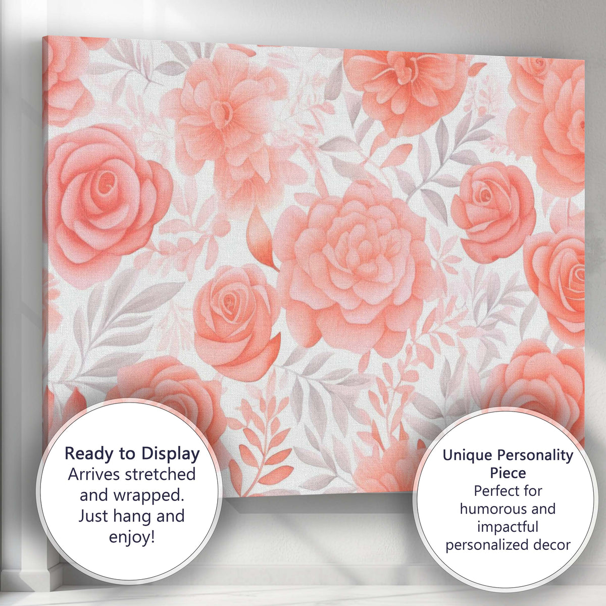 Soft Coral Rose Garden Floral Watercolour Pattern Canvas Wall Art Print Decor Picture Ready to Hang