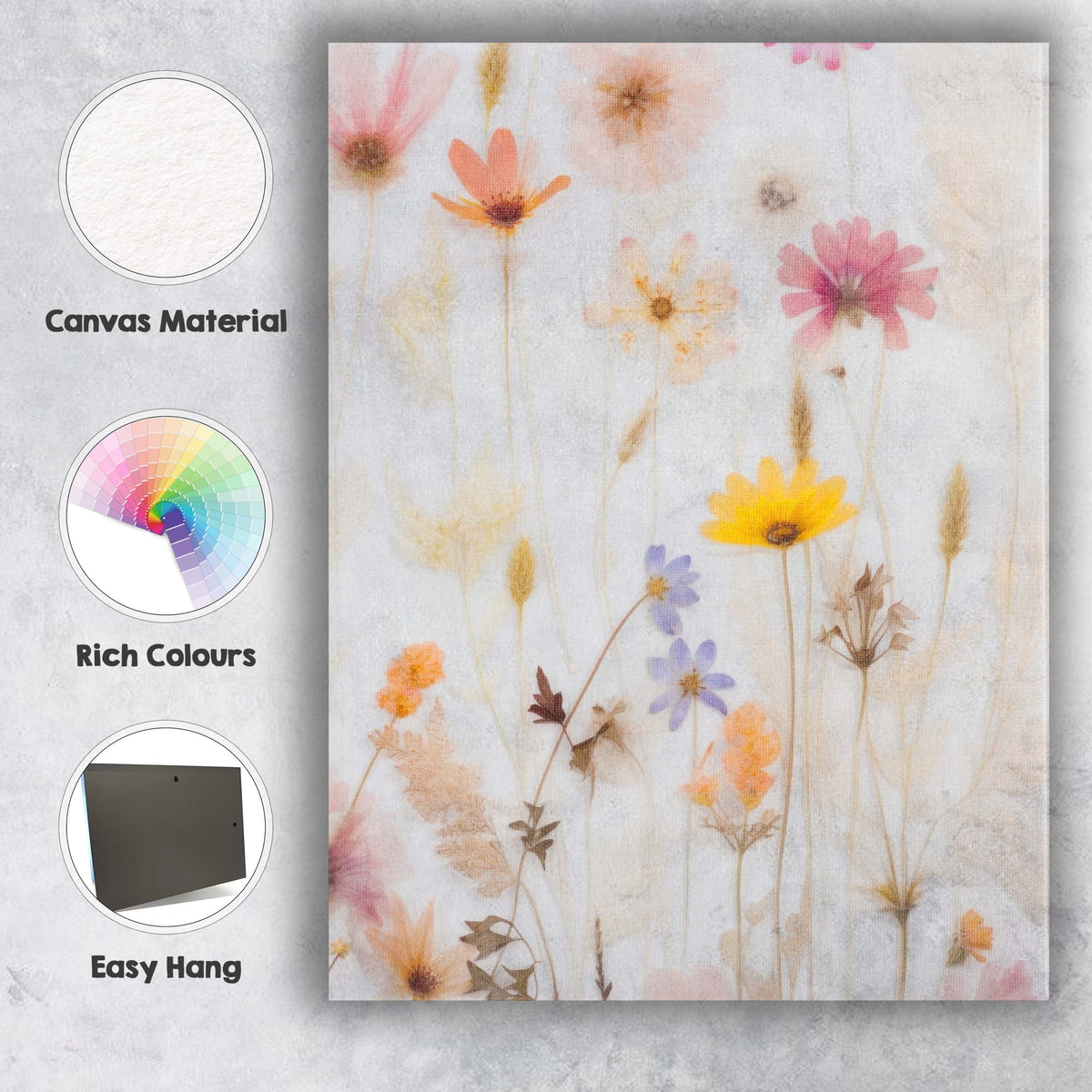 Pastel Meadow Wildflowers Soft Botanical Collage Canvas Wall Art Print Decor Picture Ready to Hang