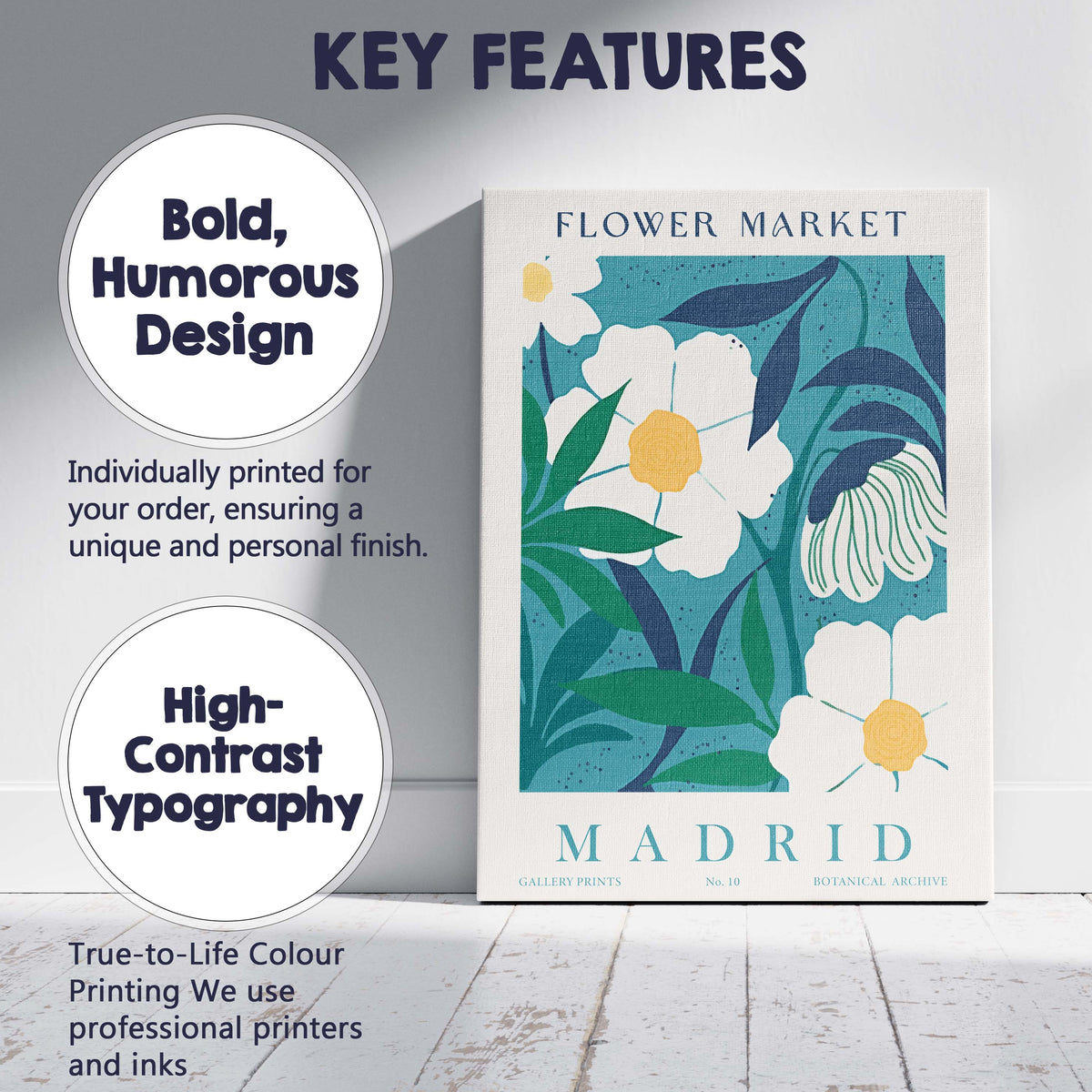Teal White Botanical Bloom Market Poster Print Canvas Wall Art Print Decor Picture Ready to Hang