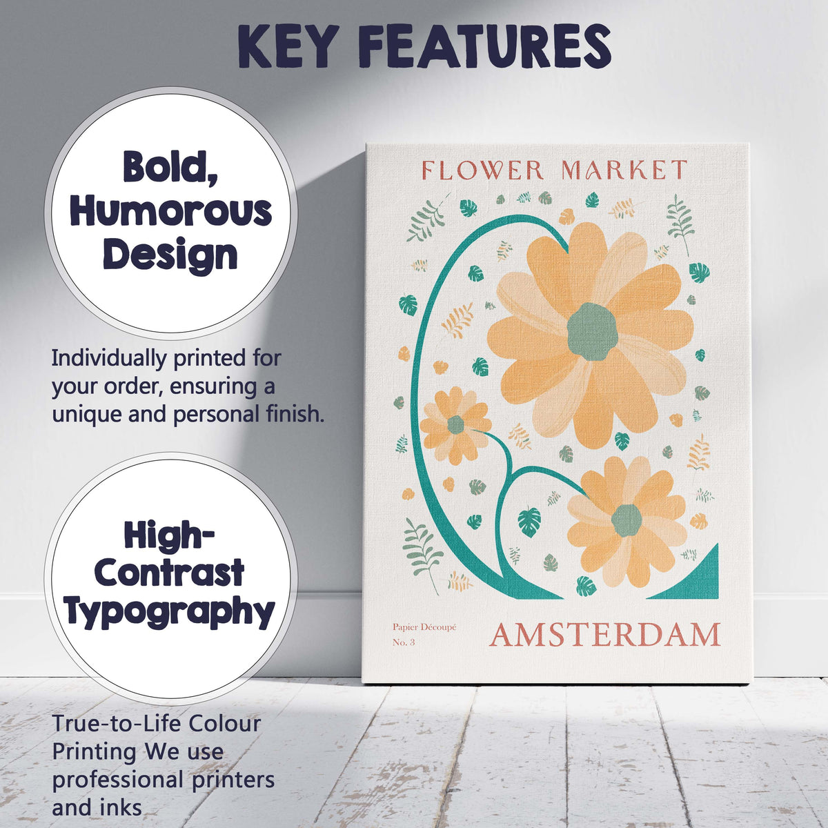 Scandinavian Flower Market Amsterdam Daisy Botanical Illustration Poster Canvas Wall Art Print Decor Picture Ready to Hang