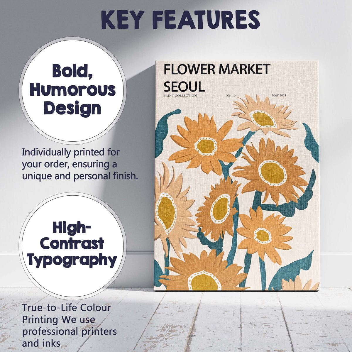 Modern Seoul Sunflower Floral Market Poster Artwork Canvas Wall Art Print Decor Picture Ready to Hang