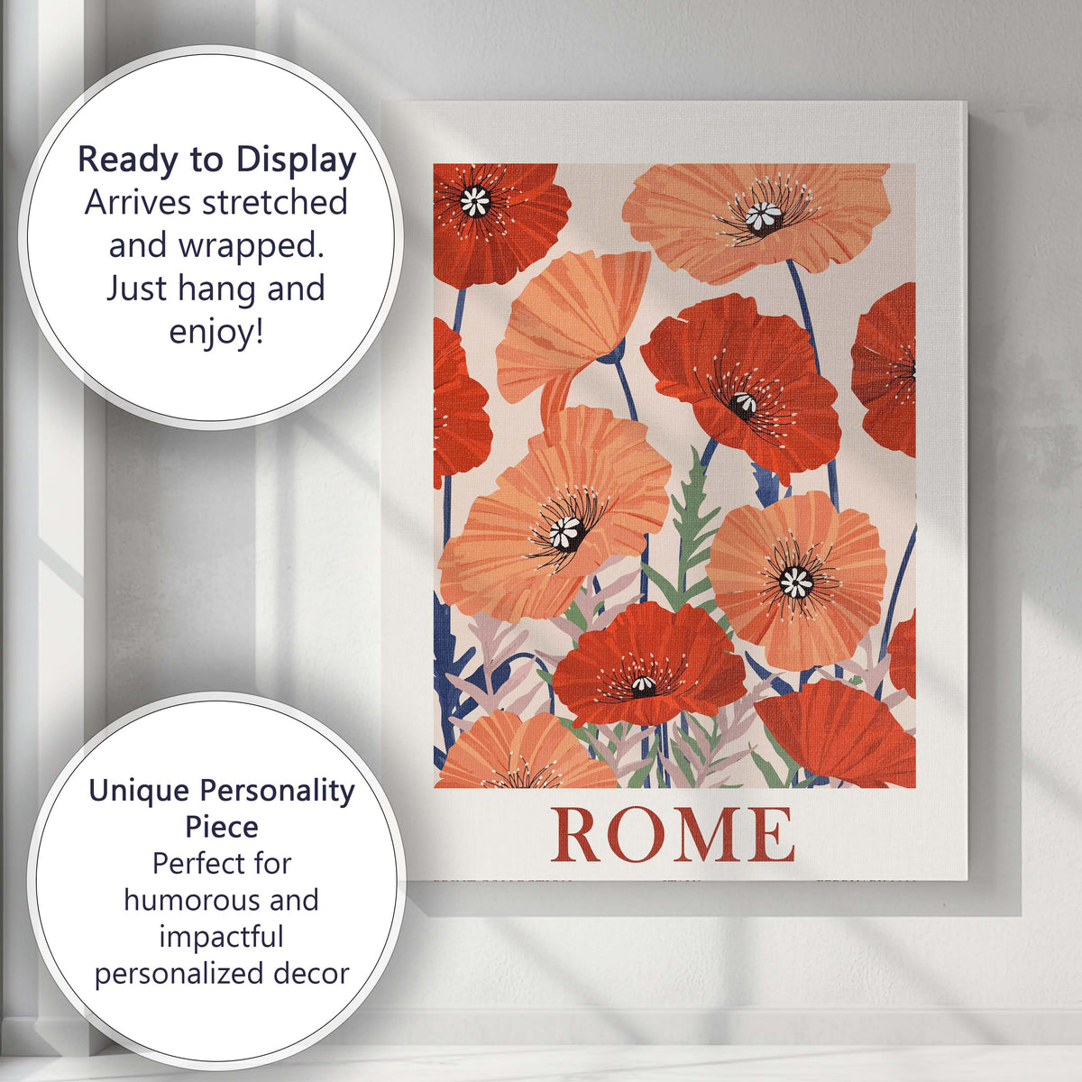 Flower Market Rome Coral And Scarlet Poppy Botanical Poster Canvas Wall Art Print Decor Picture Ready to Hang