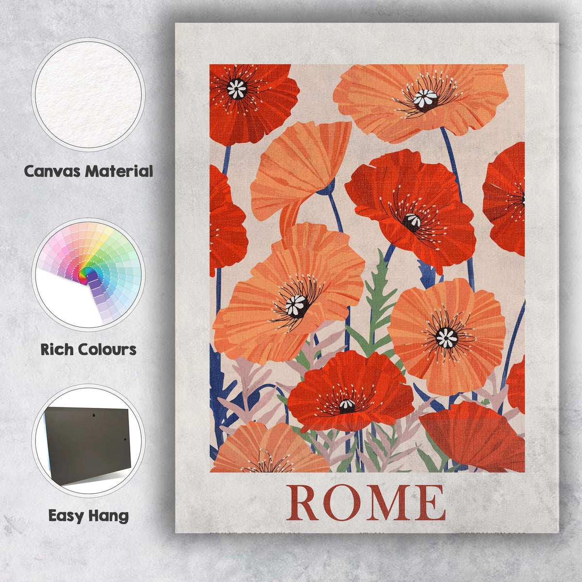 Flower Market Rome Coral And Scarlet Poppy Botanical Poster Canvas Wall Art Print Decor Picture Ready to Hang