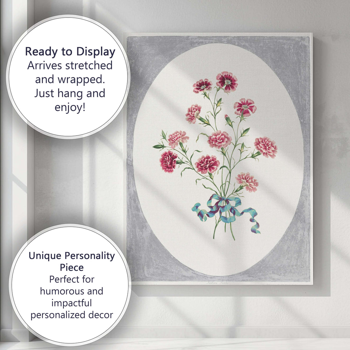 Antique Pink Carnation Bouquet Botanical Illustration Canvas Wall Art Print Decor Picture Ready to Hang