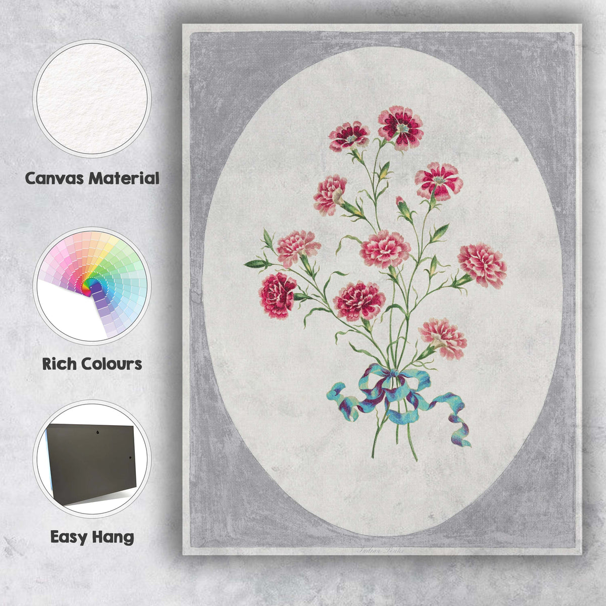Antique Pink Carnation Bouquet Botanical Illustration Canvas Wall Art Print Decor Picture Ready to Hang
