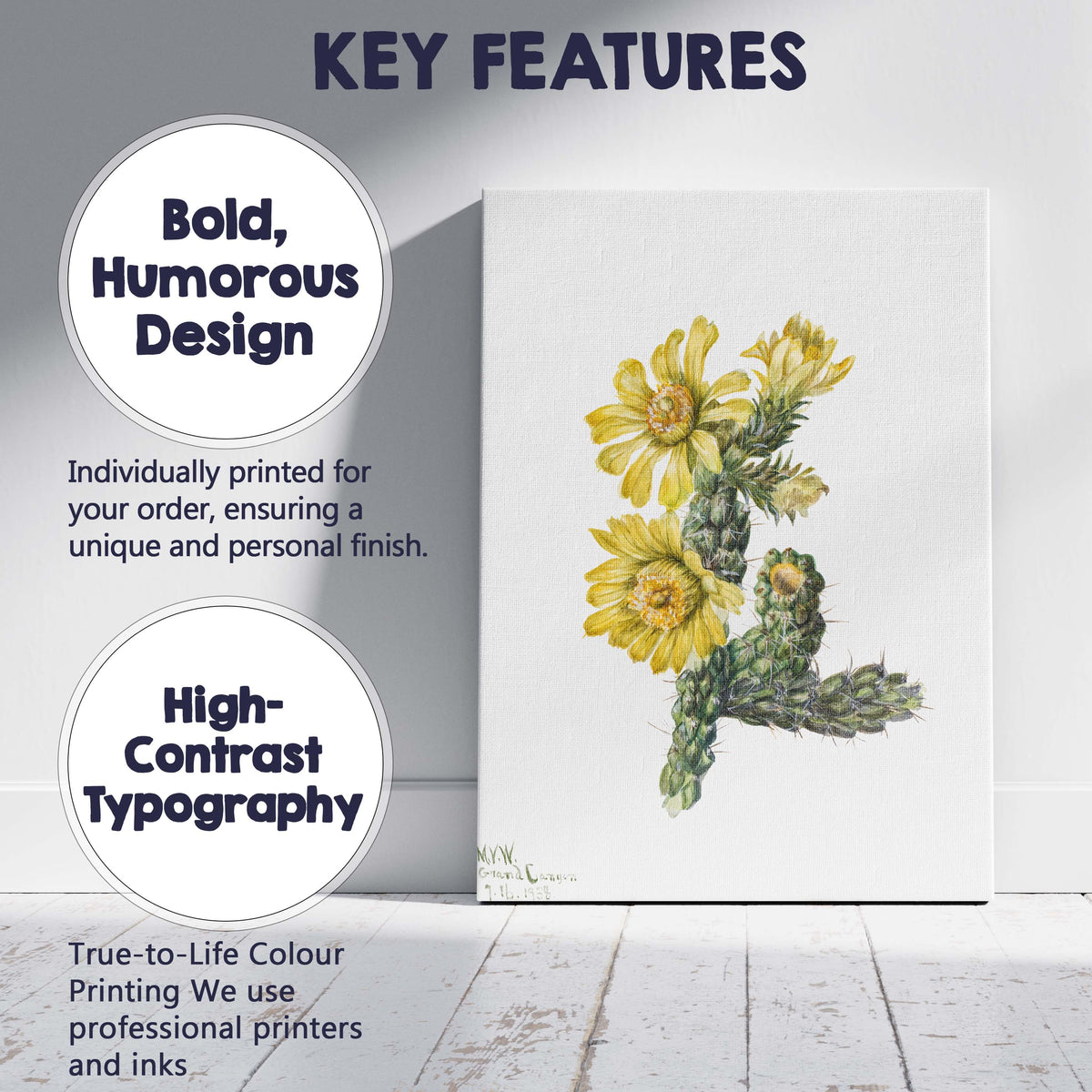Yellow Flowering Cactus Botanical Desert Watercolour Canvas Wall Art Print Decor Picture Ready to Hang