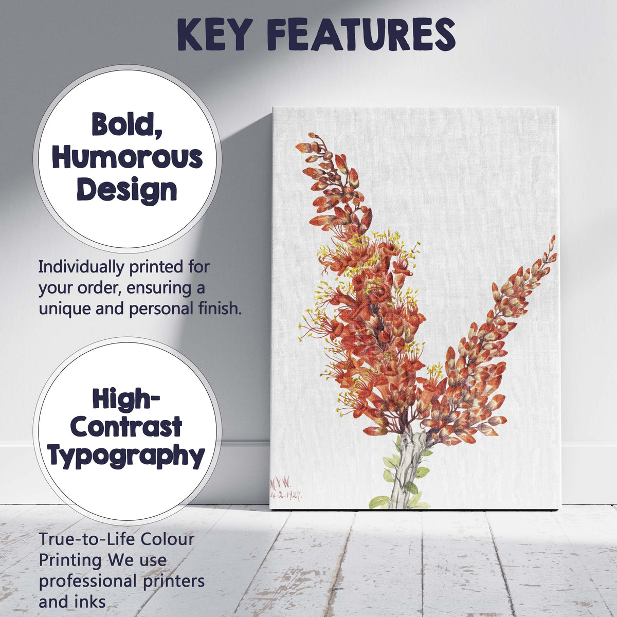 Orange Flowering Shrub Botanical Watercolour Garden Study Canvas Wall Art Print Decor Picture Ready to Hang