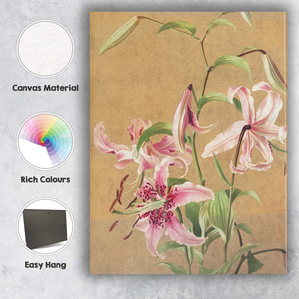 Elegant Pink Stargazer Lily Botanical Floral Painting Canvas Wall Art Print Decor Picture Ready to Hang