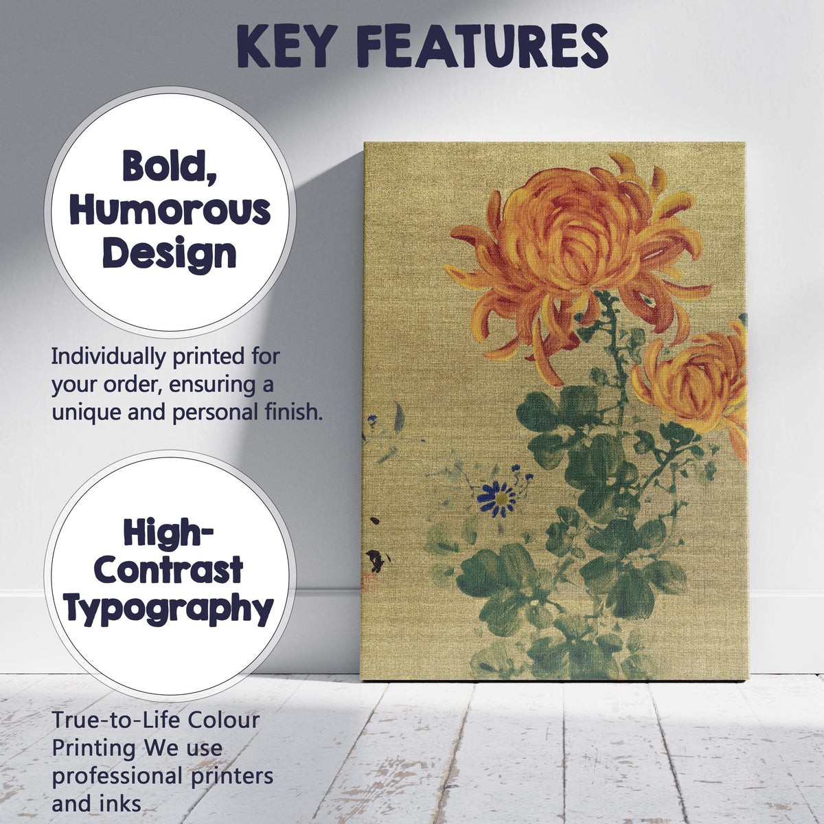 Japanese Style Golden Chrysanthemum Floral Painting Canvas Wall Art Print Decor Picture Ready to Hang