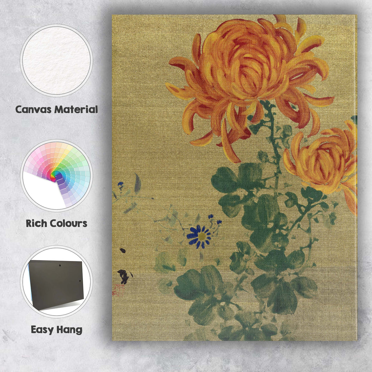 Japanese Style Golden Chrysanthemum Floral Painting Canvas Wall Art Print Decor Picture Ready to Hang