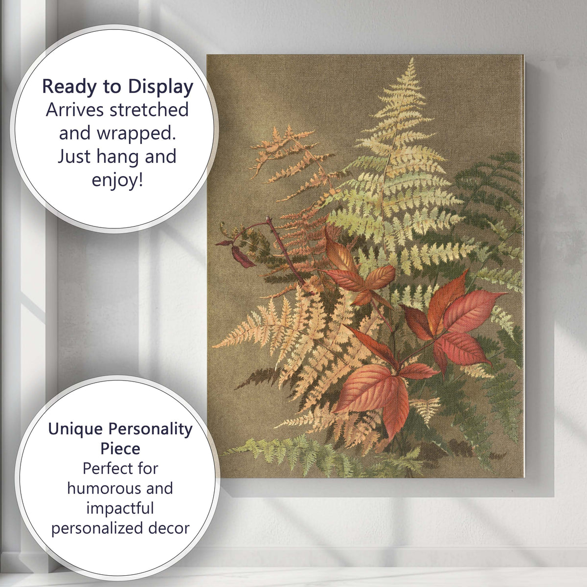 Autumn Fern Fronds And Red Woodland Leaves Botanical Study Canvas Wall Art Print Decor Picture Ready to Hang