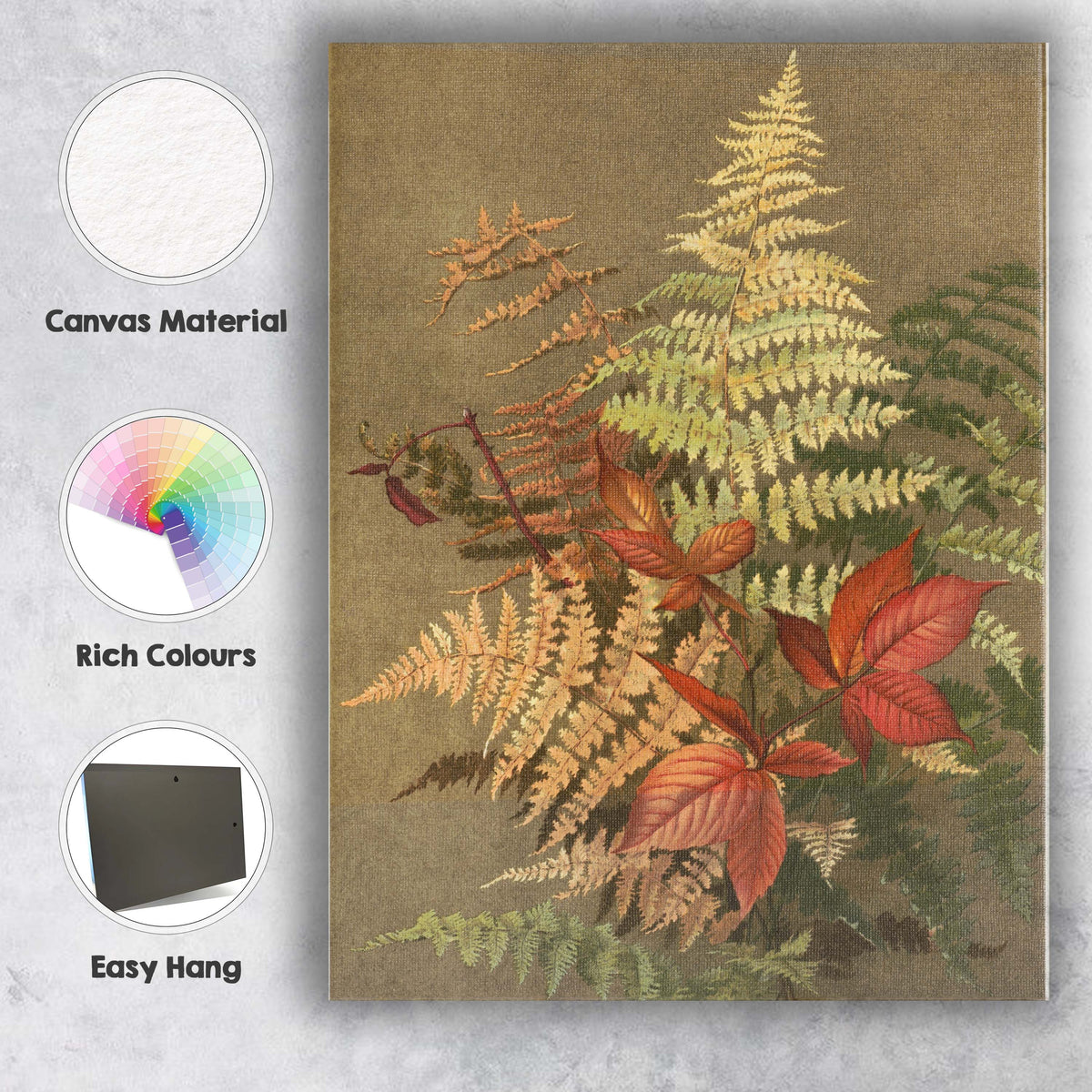 Autumn Fern Fronds And Red Woodland Leaves Botanical Study Canvas Wall Art Print Decor Picture Ready to Hang