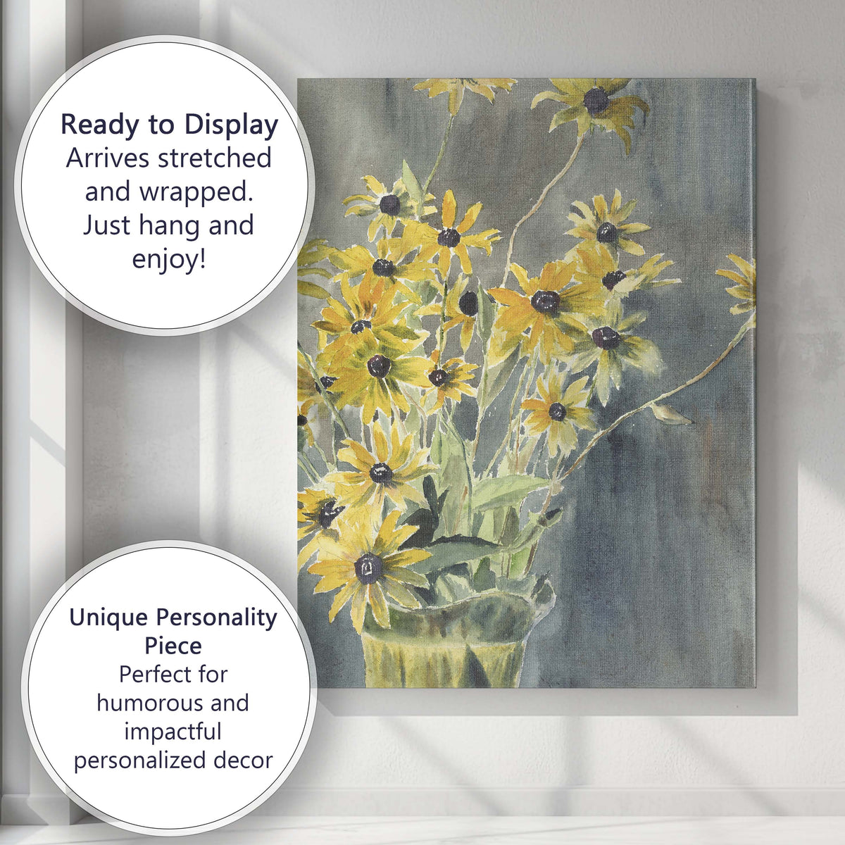 Watercolour Yellow Black Eyed Susan Bouquet Floral Painting Canvas Wall Art Print Decor Picture Ready to Hang