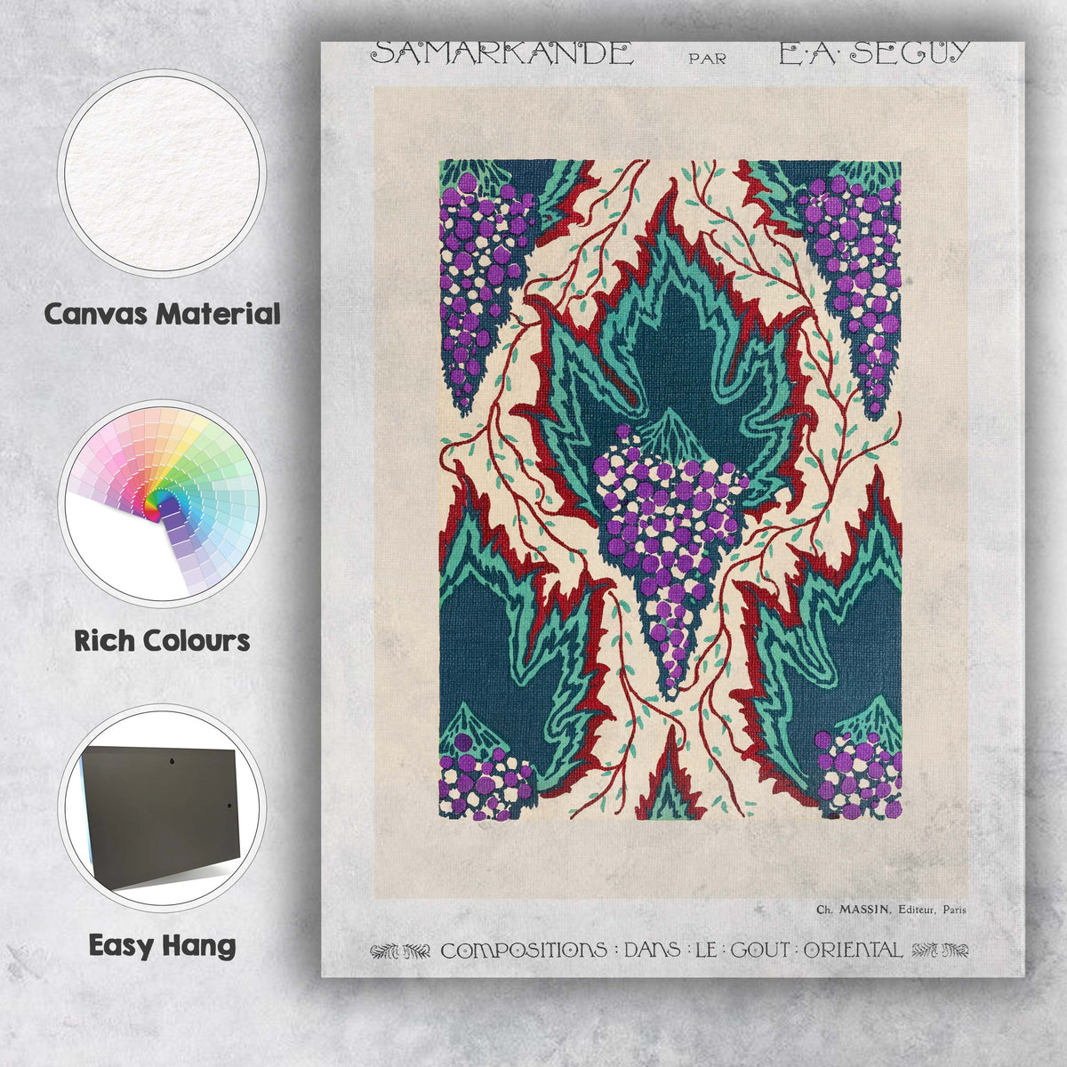 Art Deco Grape Vine And Leaf Pattern In Teal Purple And Cream Canvas Wall Art Print Decor Picture Ready to Hang