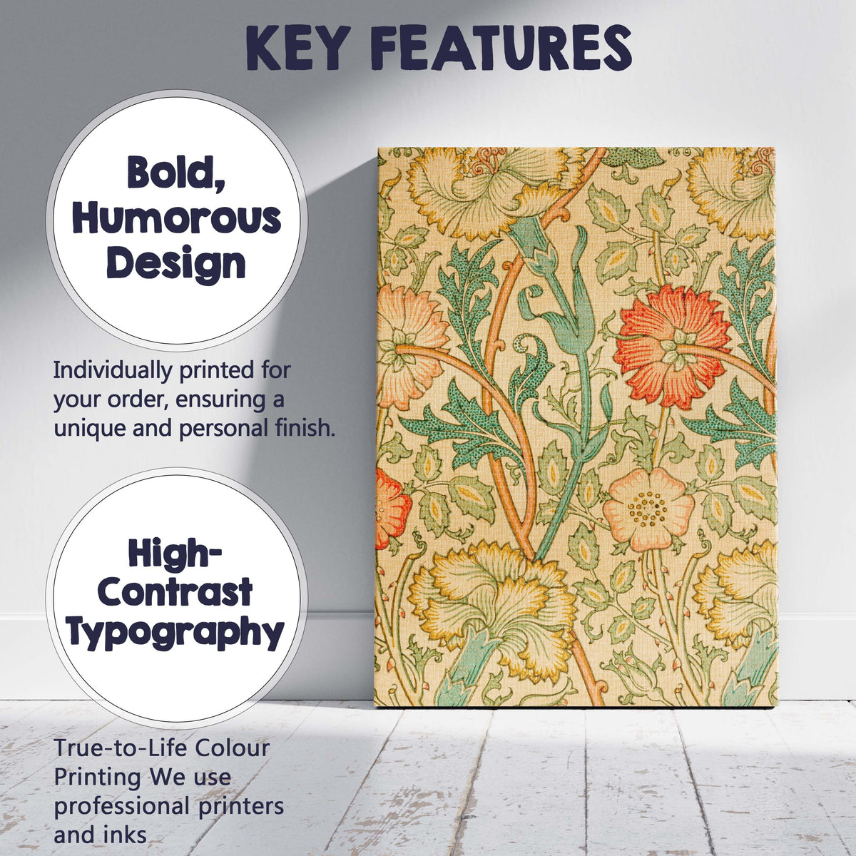 William Morris Inspired Carnation Floral Arts and Crafts Pattern Canvas Wall Art Print Decor Picture Ready to Hang