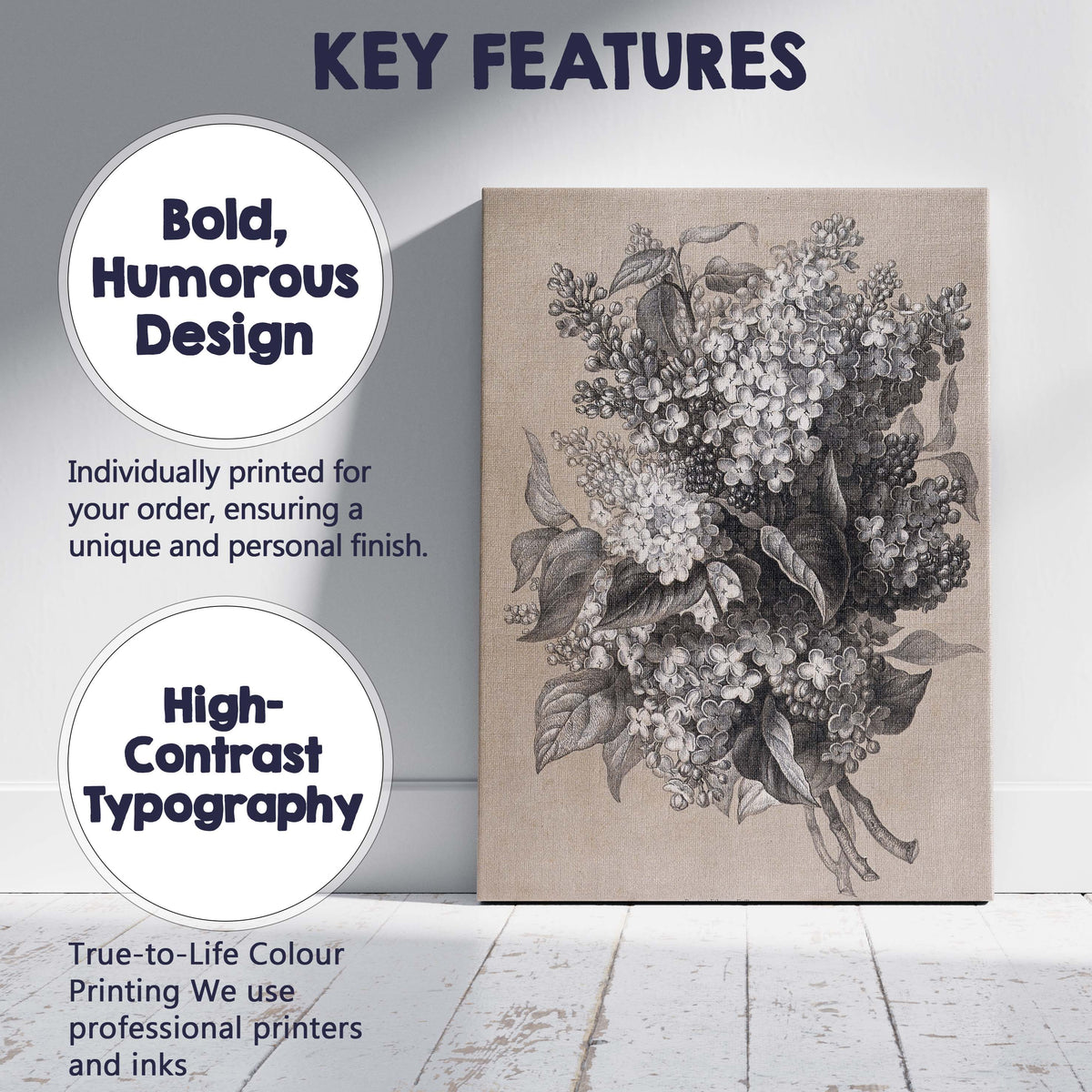 Antique Lilac Blossom Floral Bouquet Monochrome Botanical Illustration Canvas Wall Art Print Decor Picture Ready to Hang