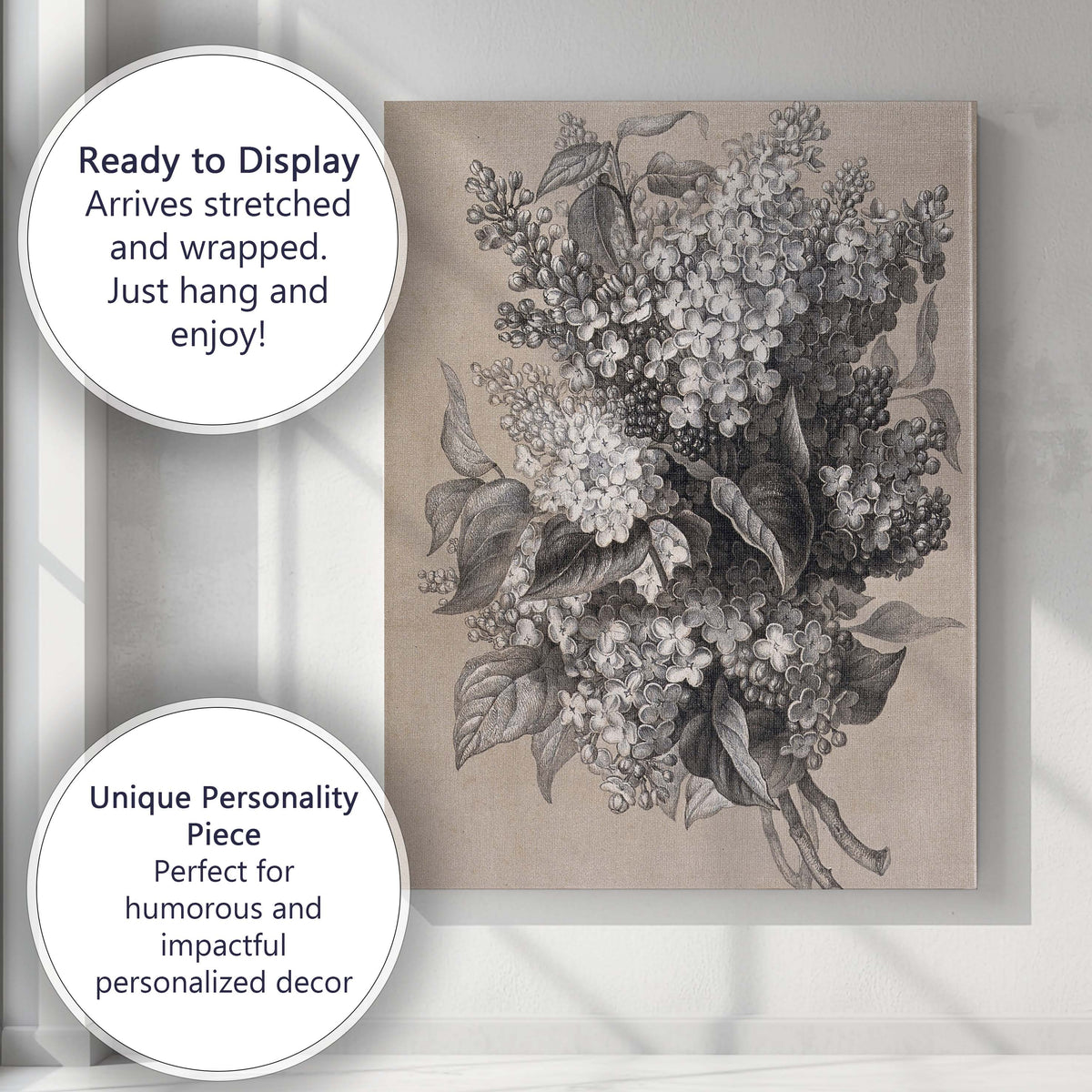 Antique Lilac Blossom Floral Bouquet Monochrome Botanical Illustration Canvas Wall Art Print Decor Picture Ready to Hang