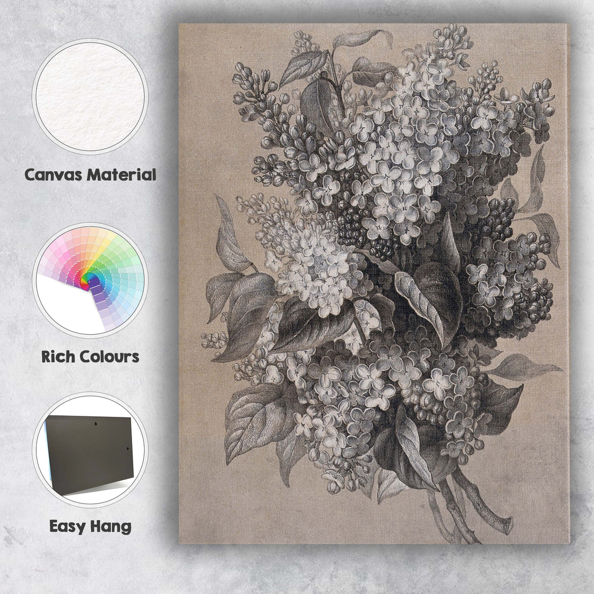 Antique Lilac Blossom Floral Bouquet Monochrome Botanical Illustration Canvas Wall Art Print Decor Picture Ready to Hang