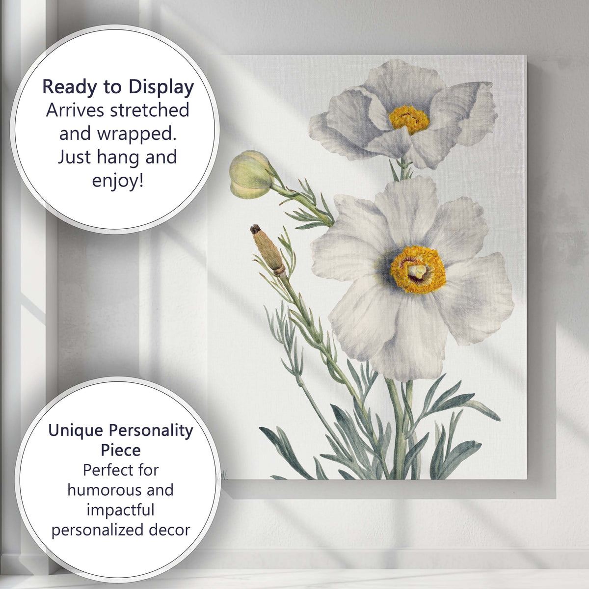 White Poppy Botanical Watercolour Flower Study Elegant Floral Canvas Wall Art Print Decor Picture Ready to Hang