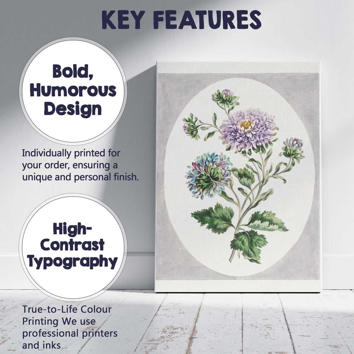 Antique Purple Chrysanthemum Botanical Floral Study Watercolour Illustration Canvas Wall Art Print Decor Picture Ready to Hang