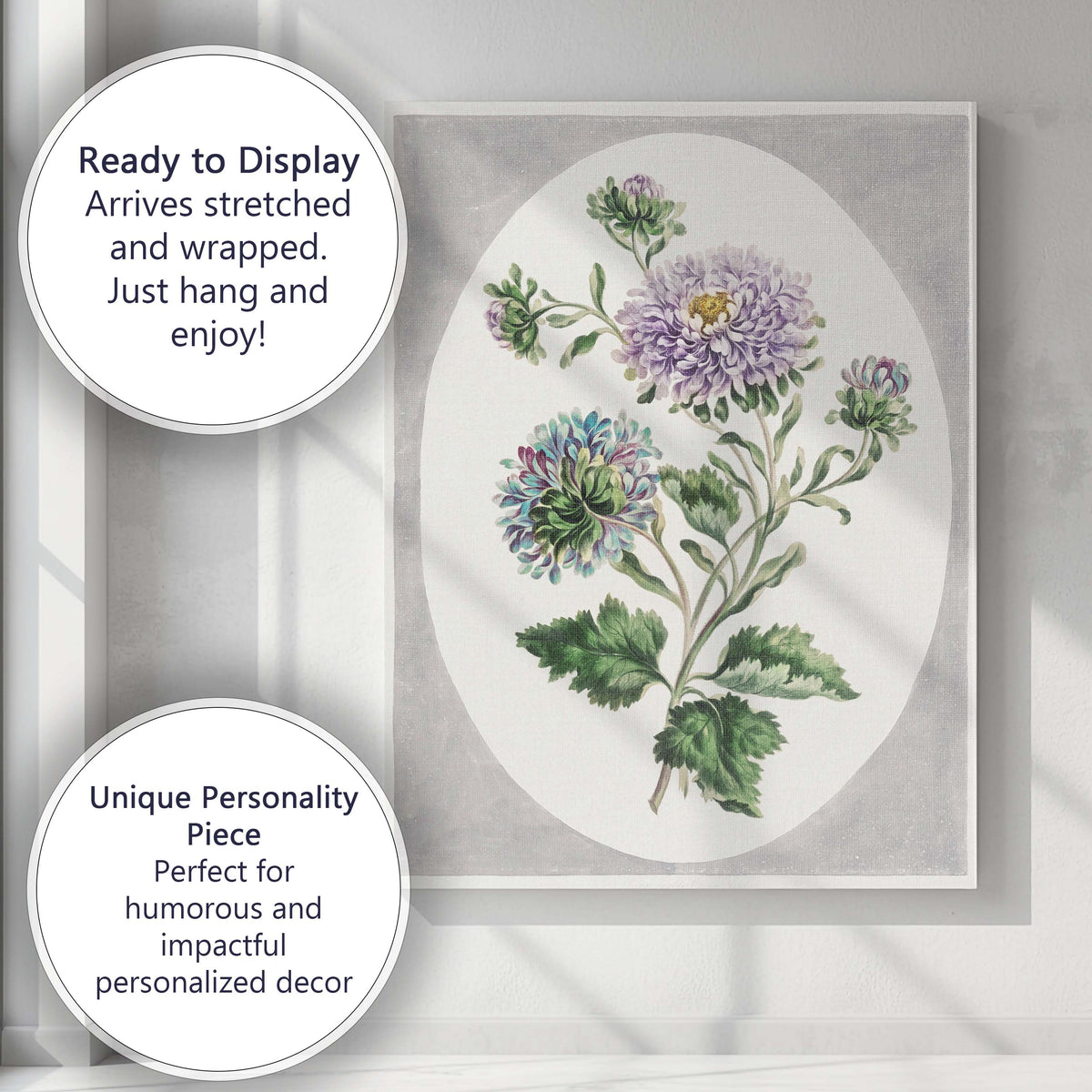 Antique Purple Chrysanthemum Botanical Floral Study Watercolour Illustration Canvas Wall Art Print Decor Picture Ready to Hang
