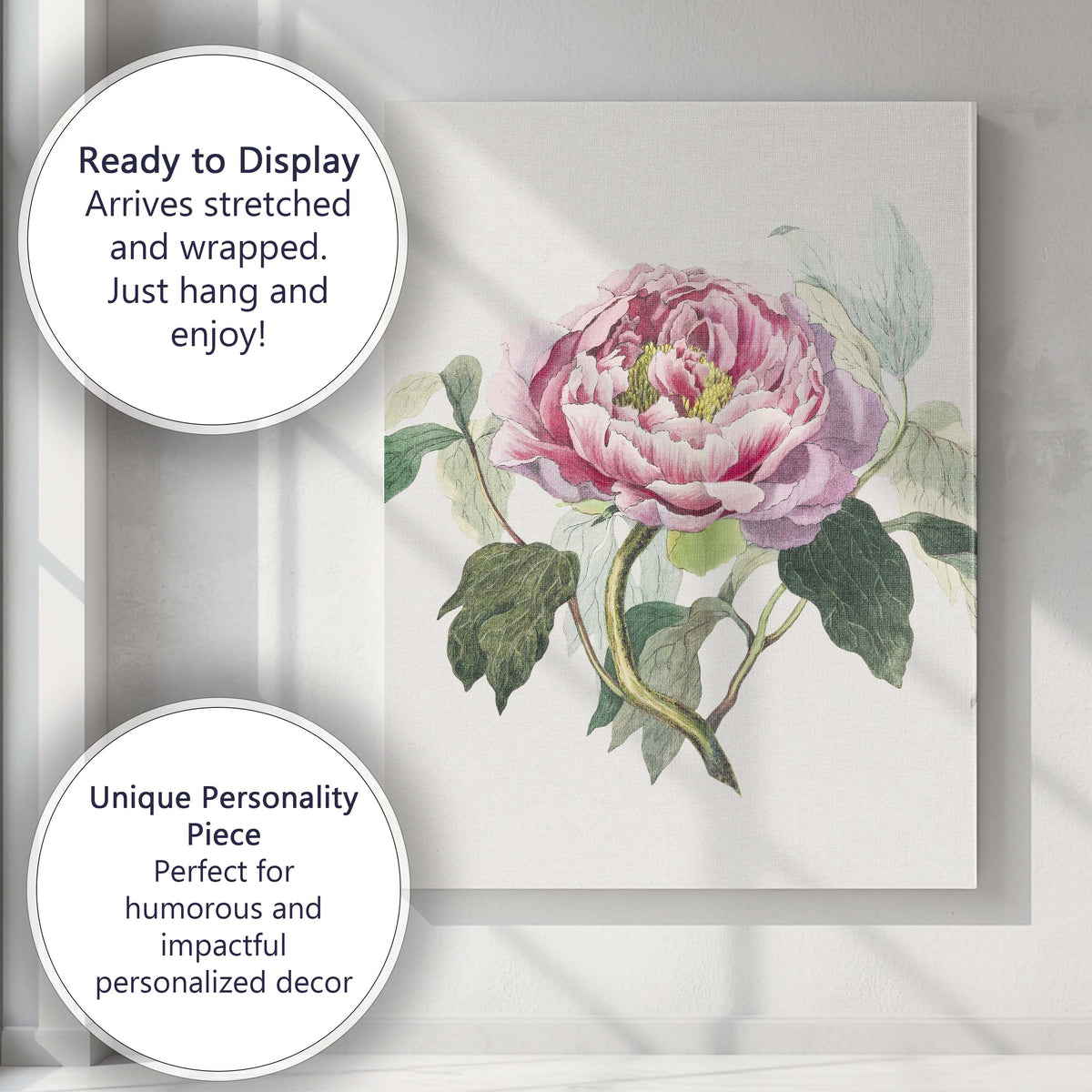Elegant Pink Peony Botanical Watercolour Floral Artwork Canvas Wall Art Print Decor Picture Ready to Hang