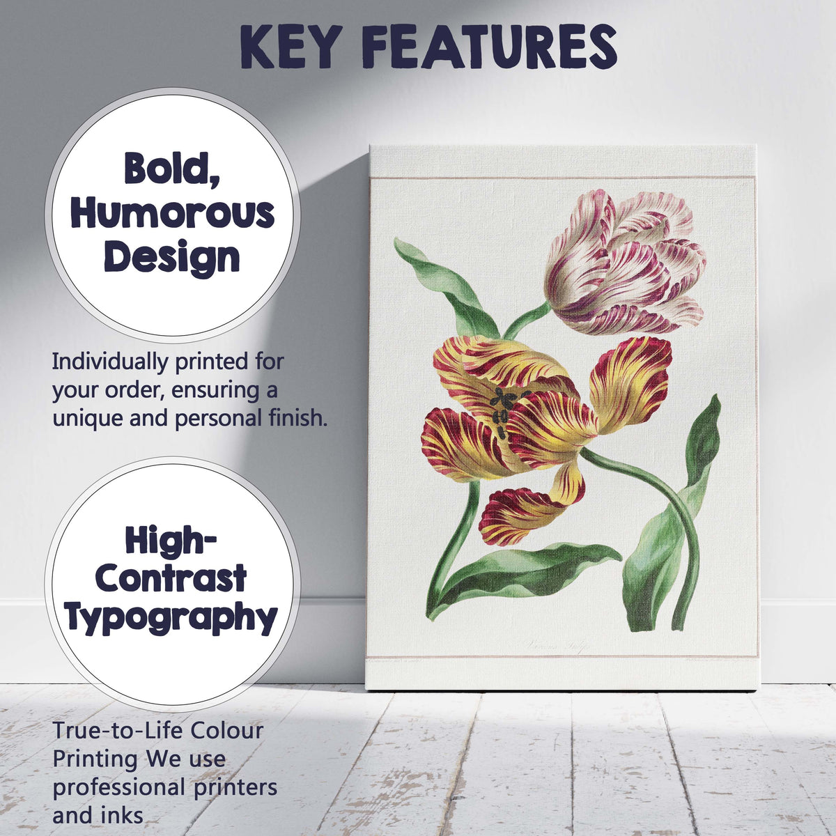 Colourful Parrot Tulips Botanical Flower Study Antique Illustration Canvas Wall Art Print Decor Picture Ready to Hang