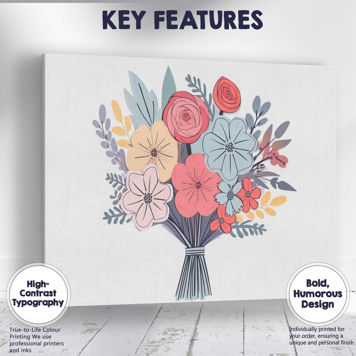 Pastel Floral Bouquet Contemporary Botanical Illustration Canvas Wall Art Print Decor Picture Ready to Hang