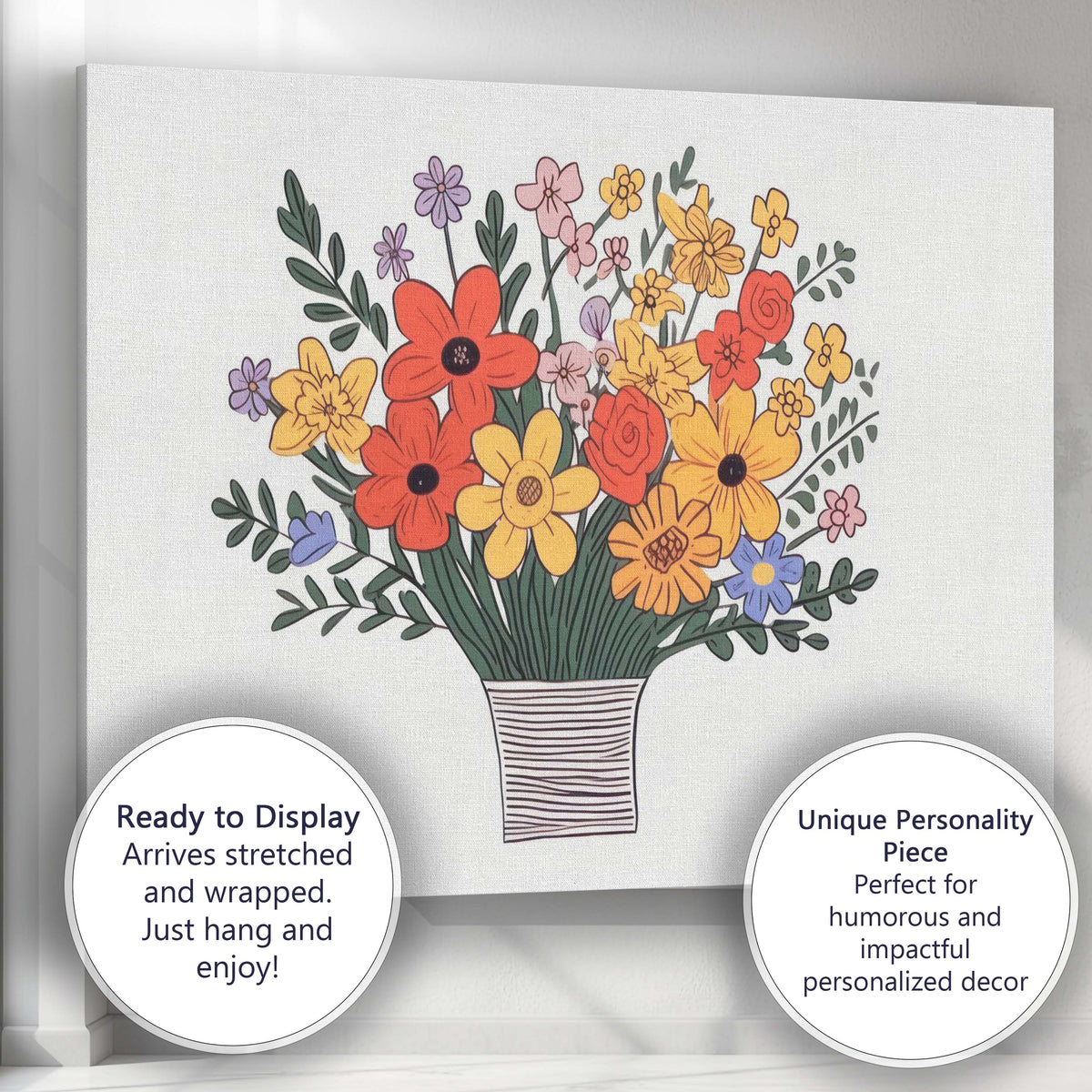 Colourful Hand Drawn Wildflower Bouquet Floral Vase Illustration Canvas Wall Art Print Decor Picture Ready to Hang