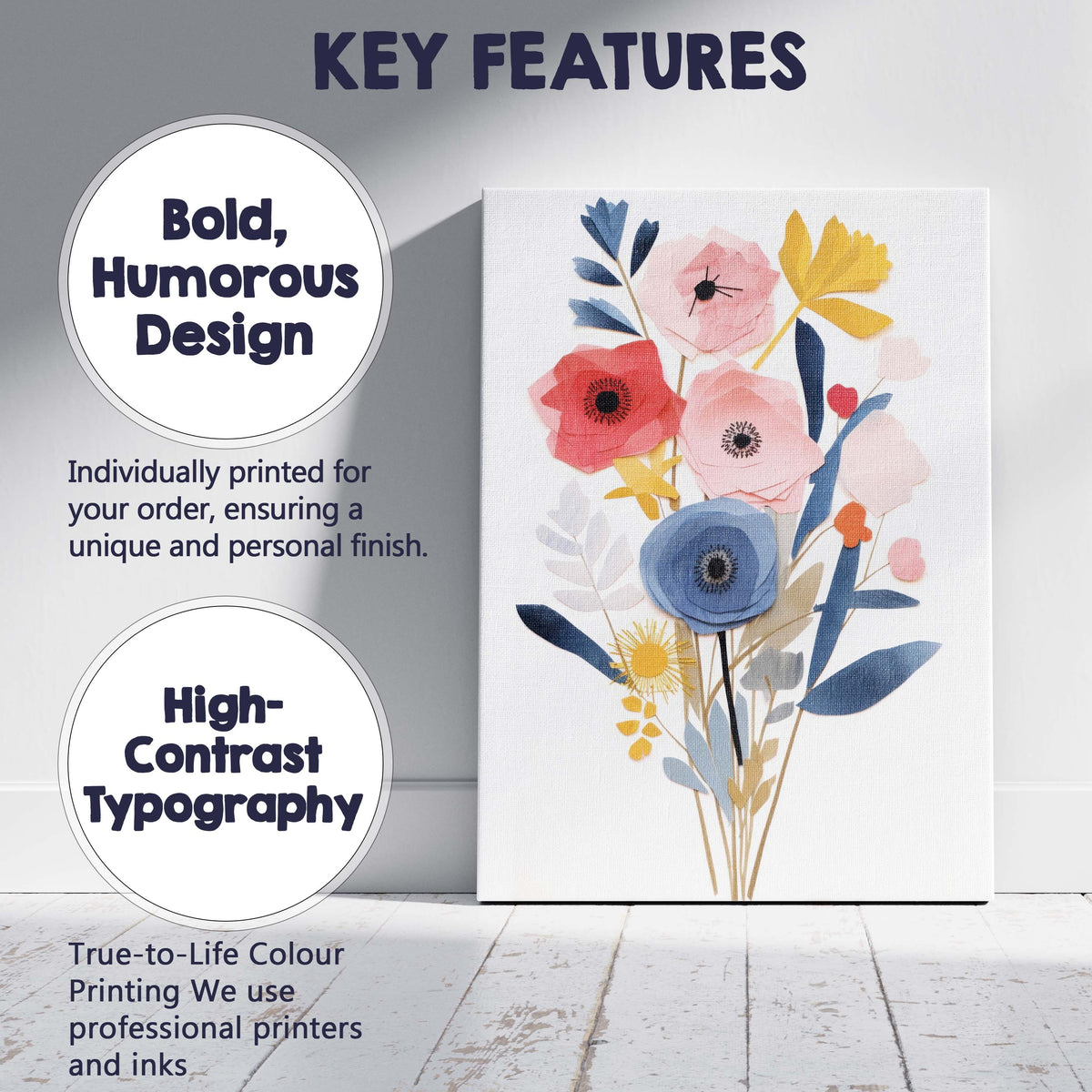 Modern Paper Cut Floral Bouquet Pastel Botanical Design Canvas Wall Art Print Decor Picture Ready to Hang
