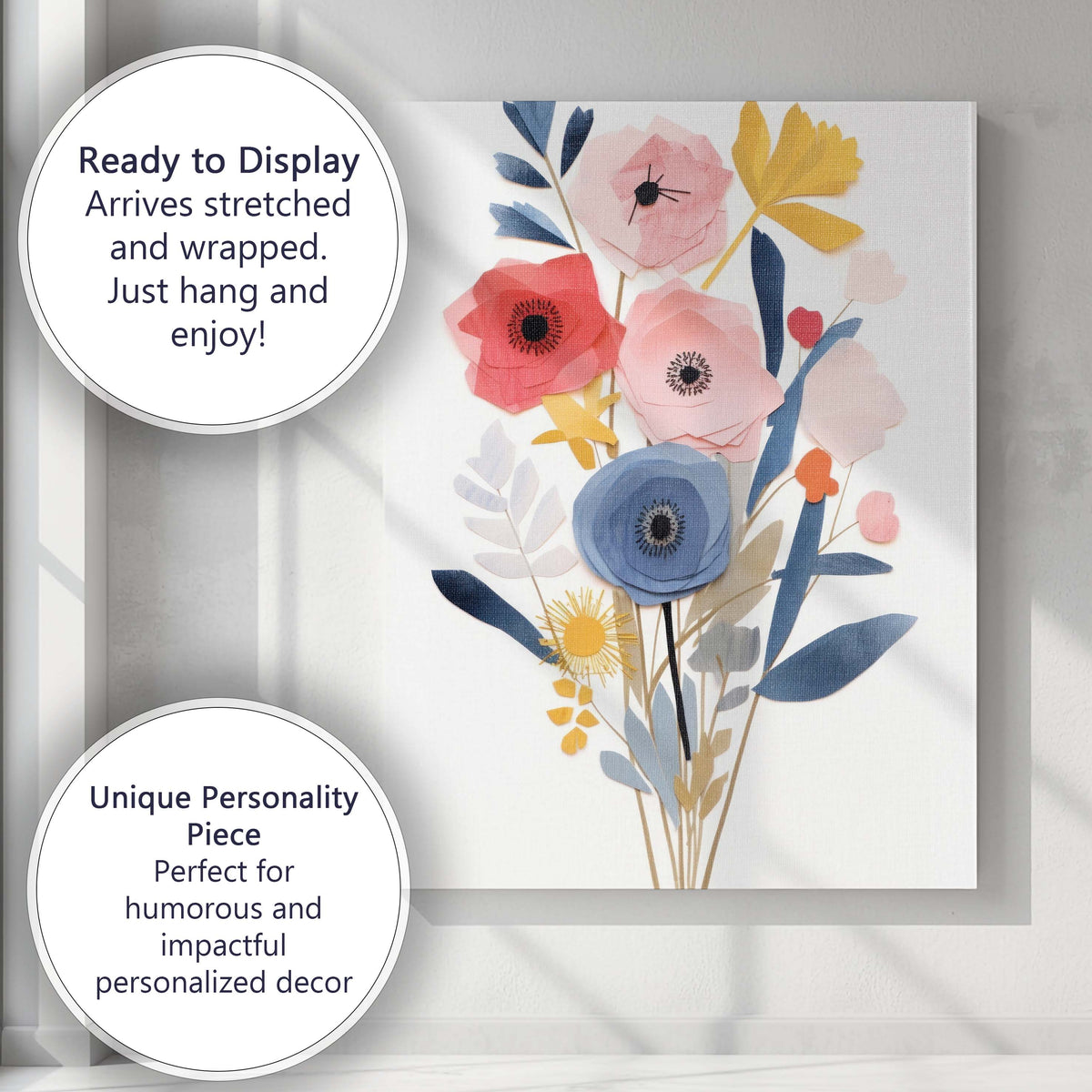 Modern Paper Cut Floral Bouquet Pastel Botanical Design Canvas Wall Art Print Decor Picture Ready to Hang