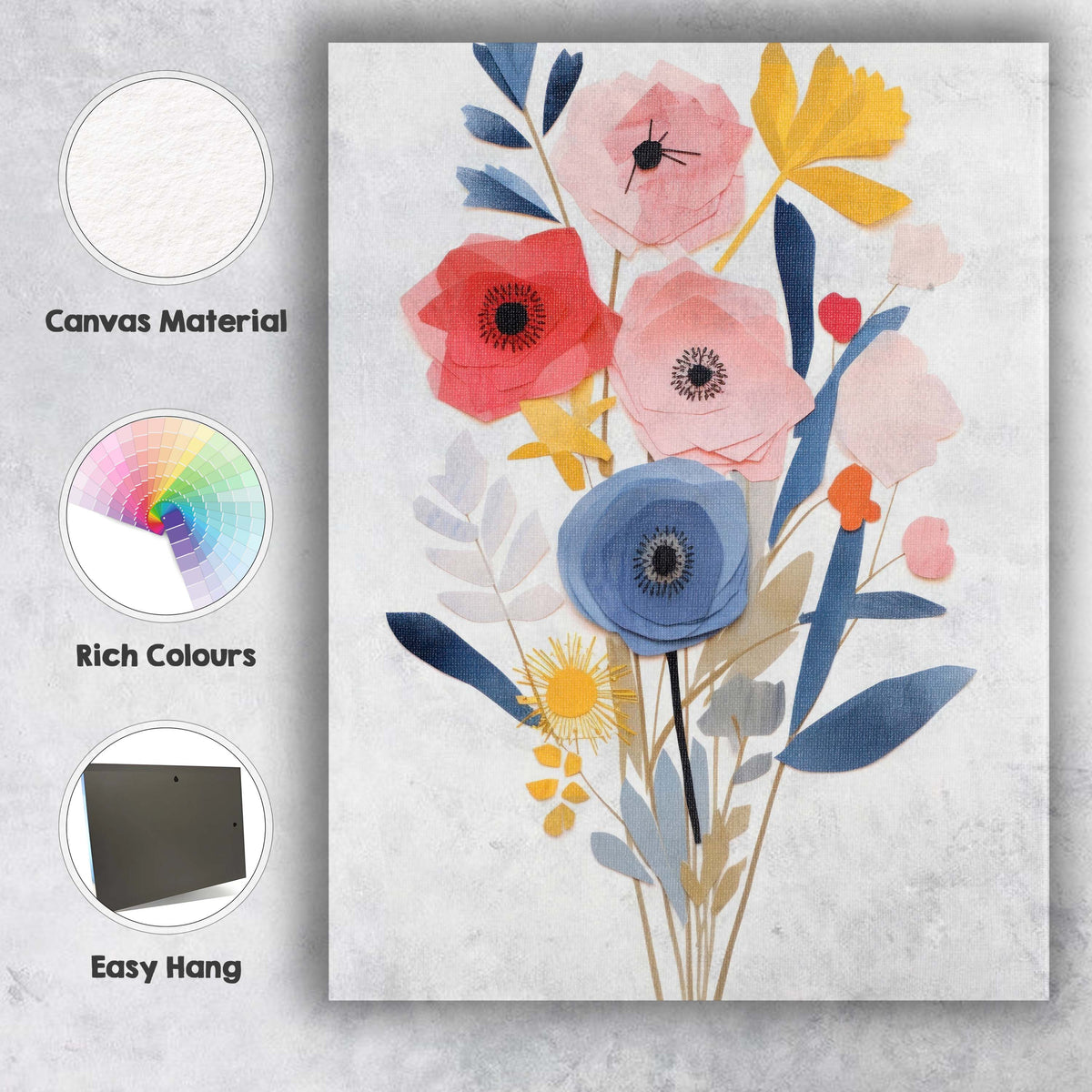 Modern Paper Cut Floral Bouquet Pastel Botanical Design Canvas Wall Art Print Decor Picture Ready to Hang