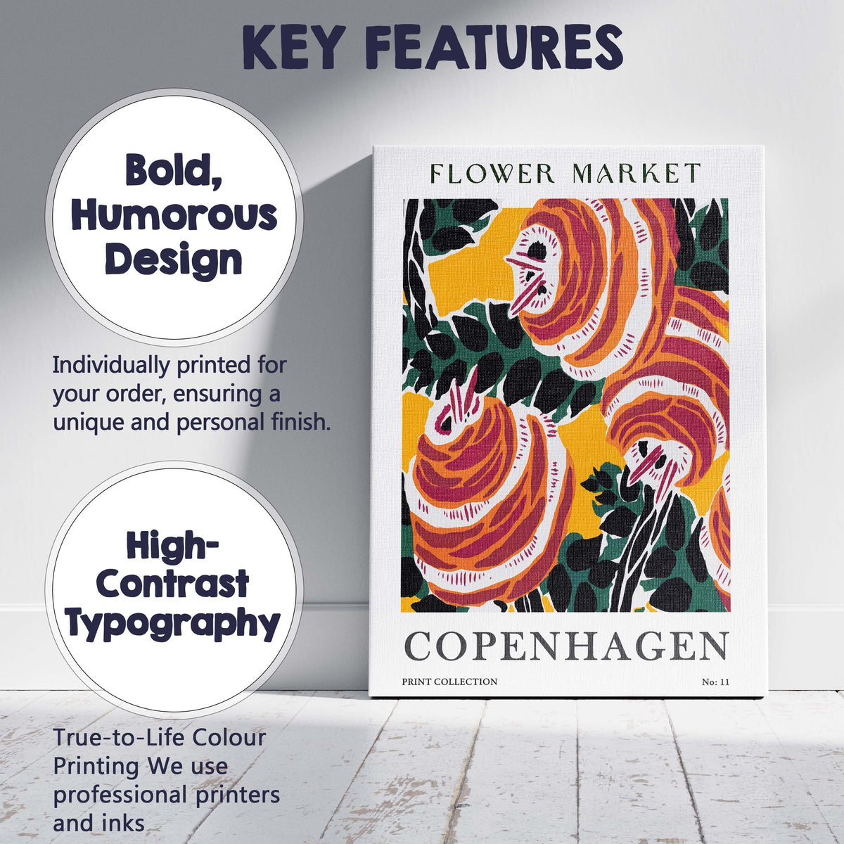 Scandinavian Copenhagen Flower Market Bold Floral Graphic Poster Canvas Wall Art Print Decor Picture Ready to Hang