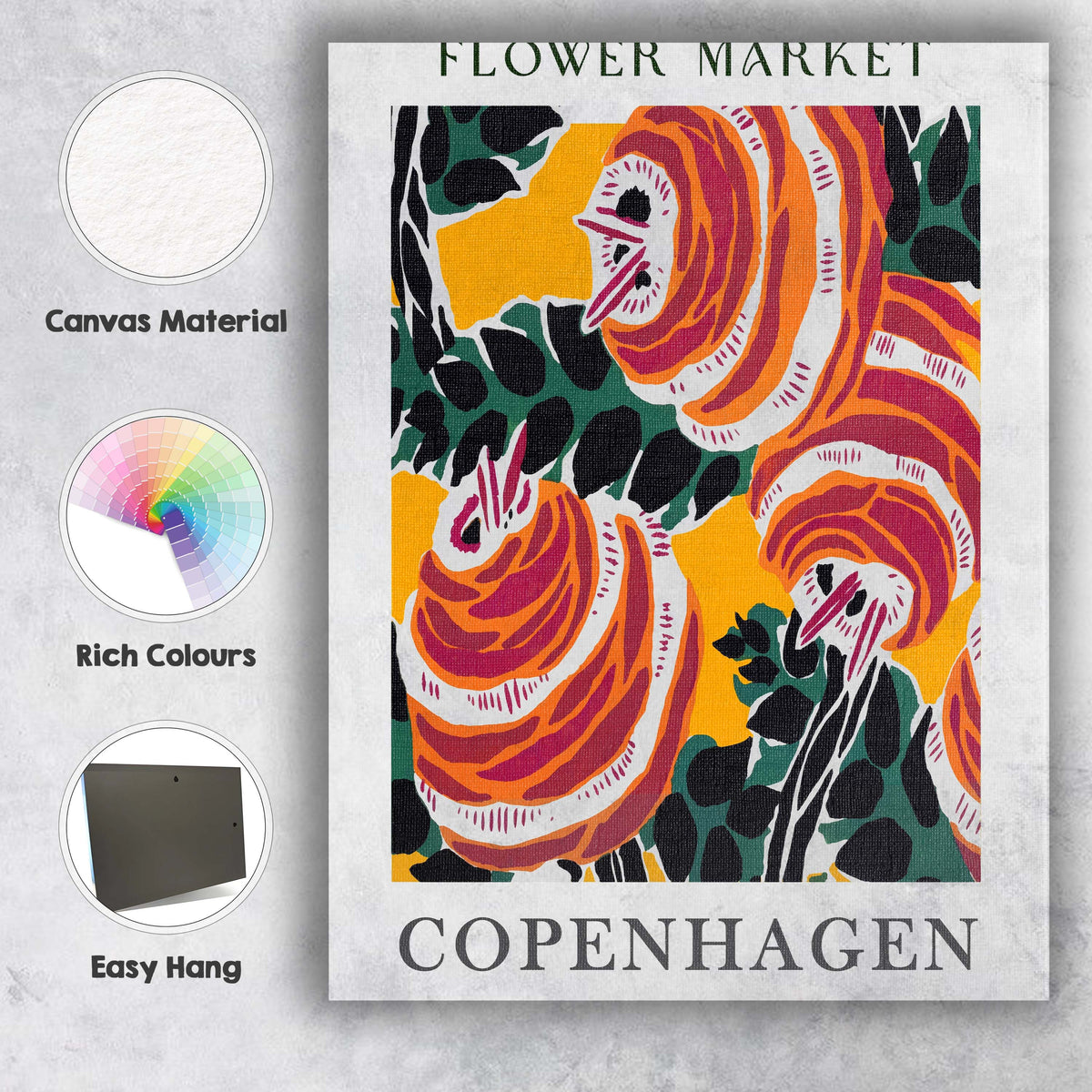 Scandinavian Copenhagen Flower Market Bold Floral Graphic Poster Canvas Wall Art Print Decor Picture Ready to Hang