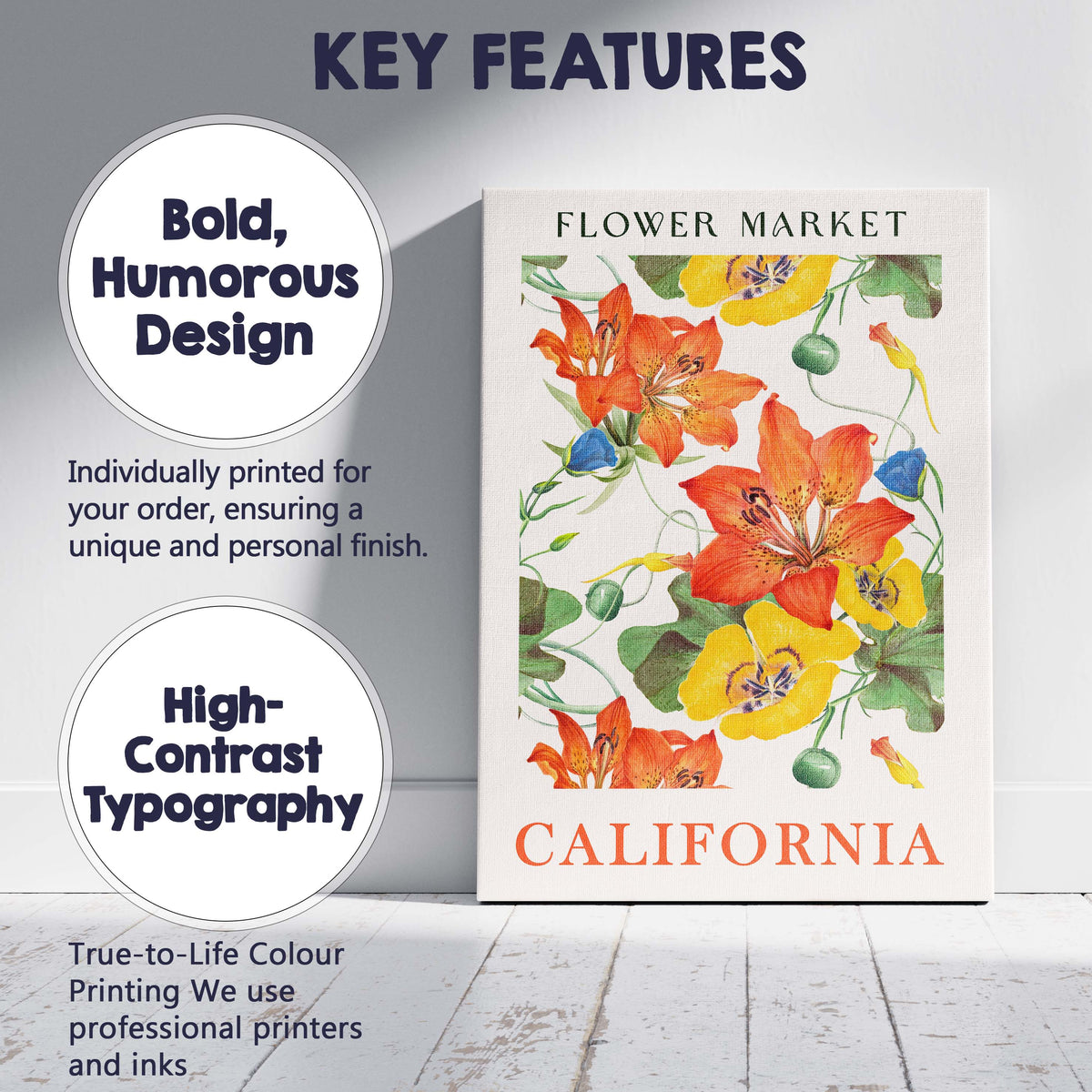 California Botanical Lily And Poppy Flower Market Poster Canvas Wall Art Print Decor Picture Ready to Hang