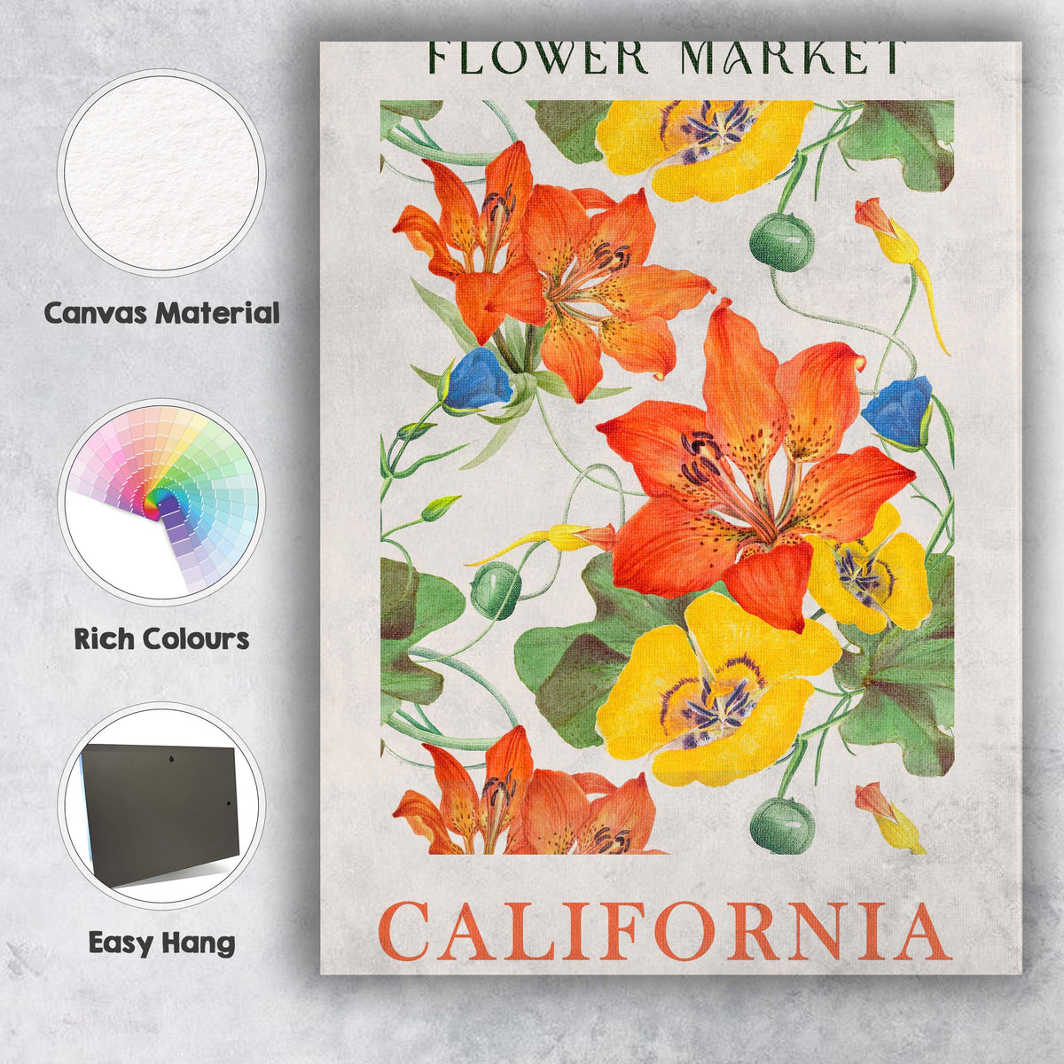 California Botanical Lily And Poppy Flower Market Poster Canvas Wall Art Print Decor Picture Ready to Hang