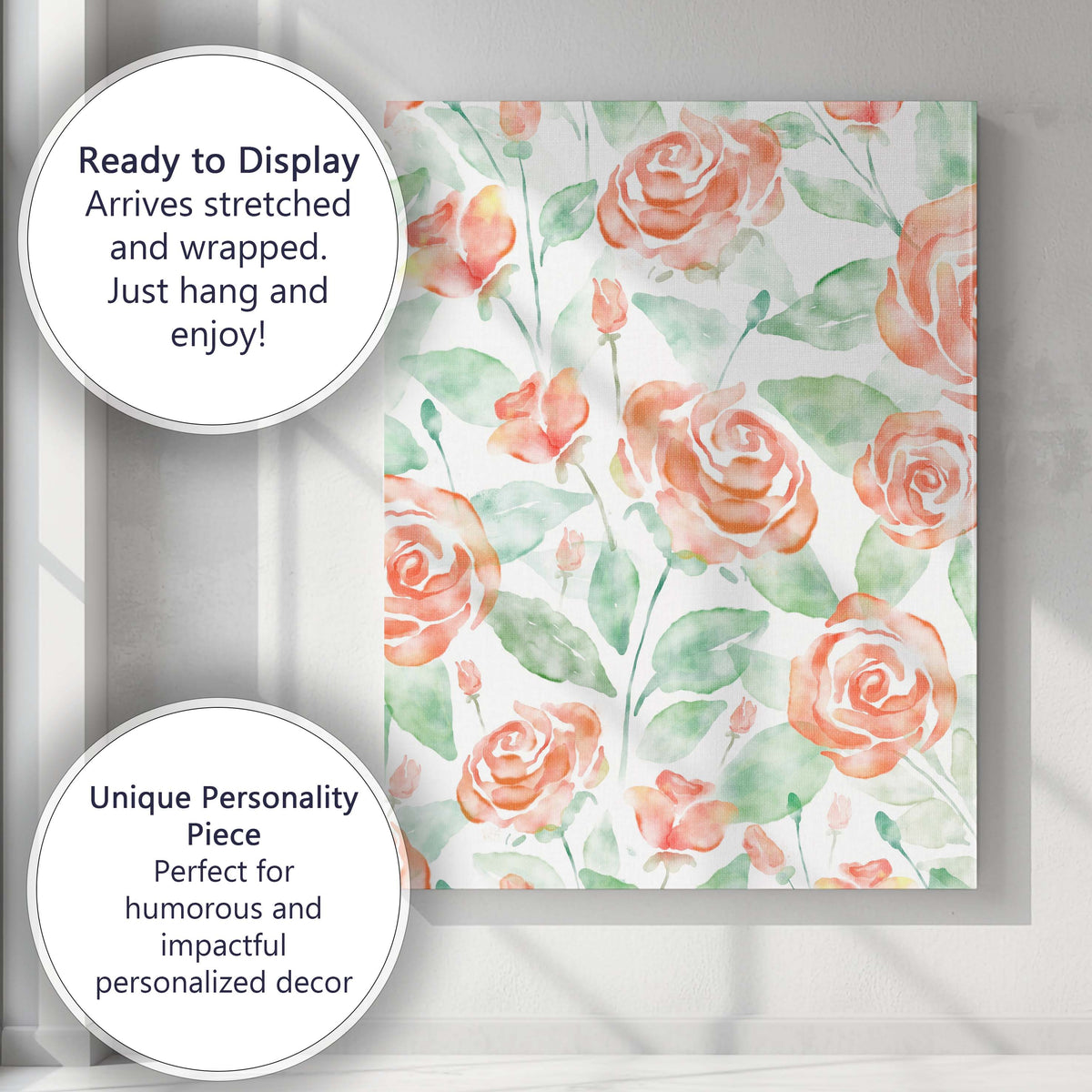 Watercolour Coral Rose Blossom Floral Repeat Pattern Canvas Wall Art Print Decor Picture Ready to Hang