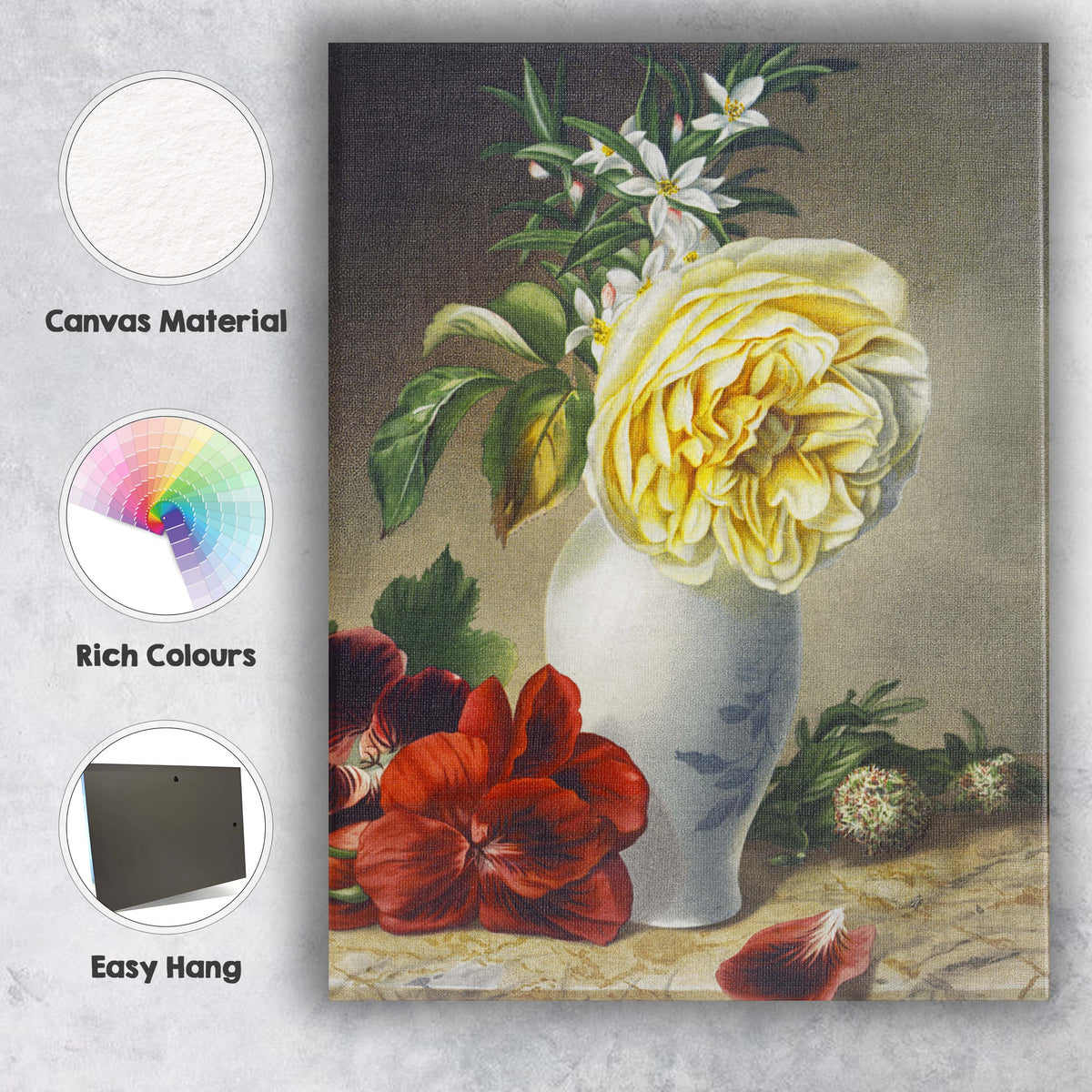 Classic Floral Still Life Yellow Rose Vase Painting Canvas Wall Art Print Decor Picture Ready to Hang